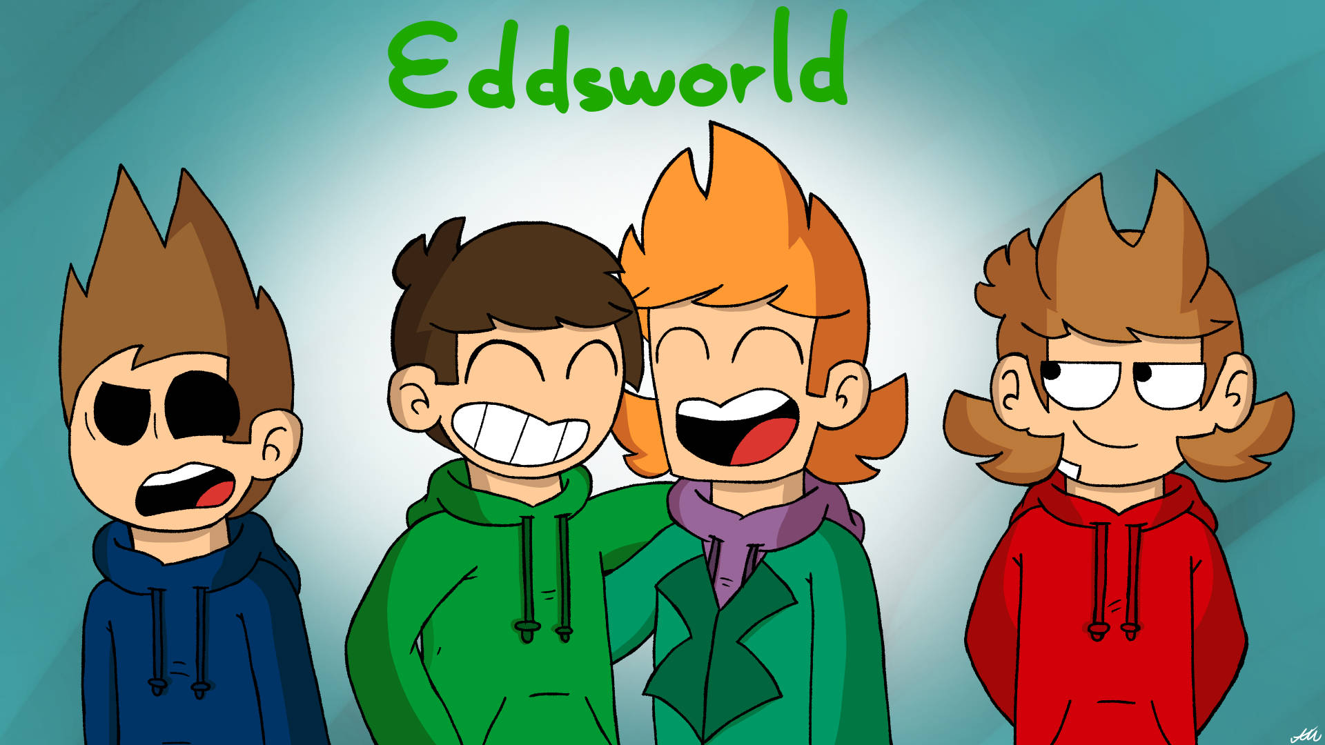 艾德世界 桌布 壁紙 — 來自 Eddsworld 的四個卡通角色，帶著誇張的表情站在青綠色漸變背景前。