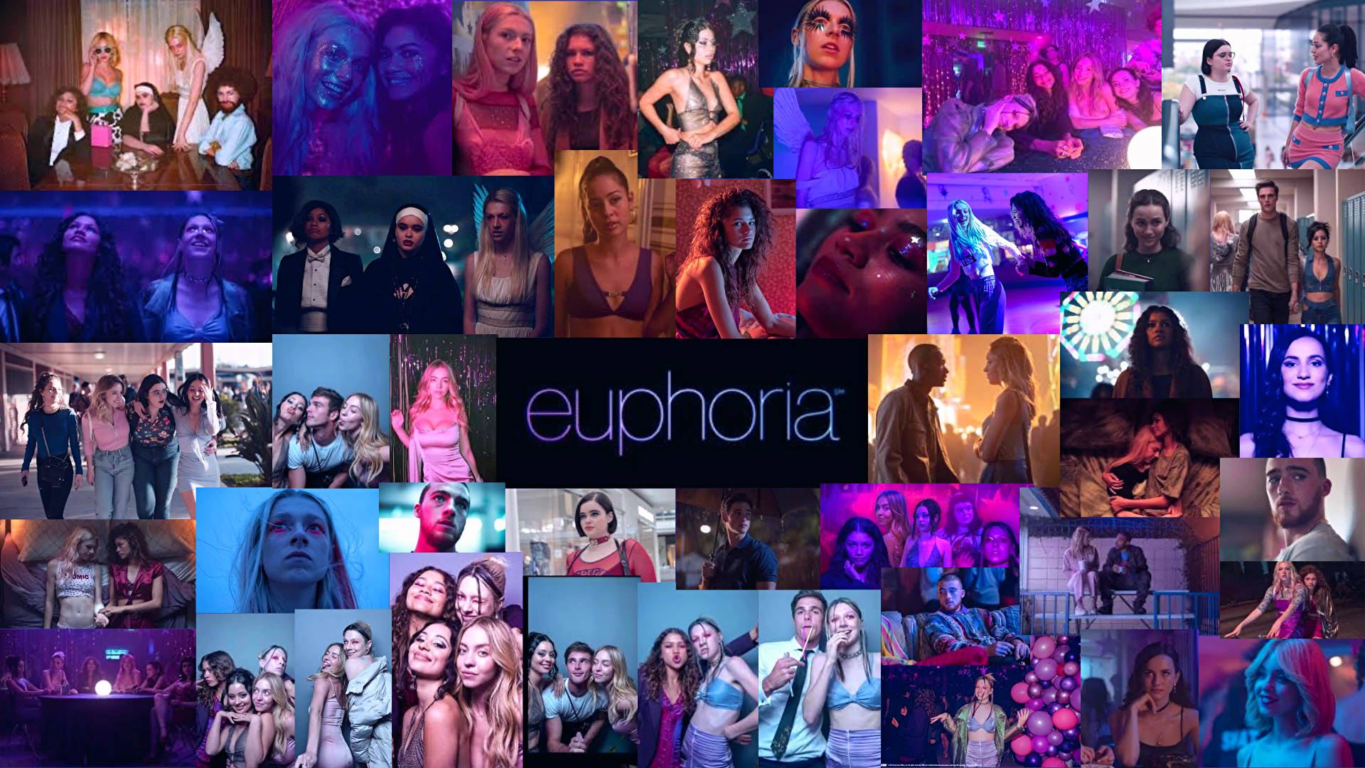 愉悅 桌布 壁紙 — 來自《Euphoria》劇集的充滿活力的拼貼畫， featuring 不同角色在霓虹燈派對、親密時刻和彩色燈光下的戲劇性表情。