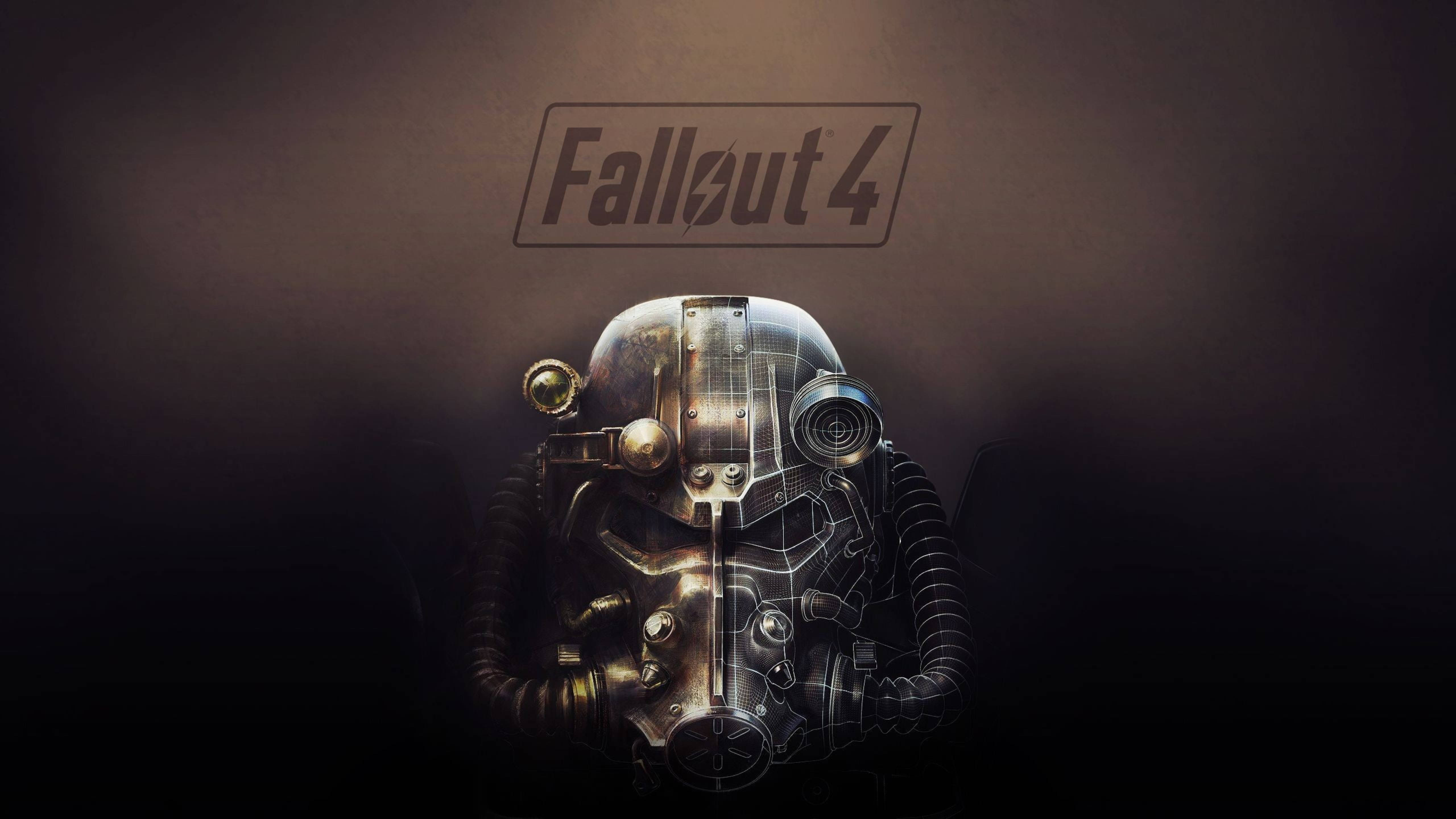 Fallout 4 桌布 壁紙 — 來自《Fallout 4》的金屬動力裝甲頭盔，在戲劇性燈光下於深色紋理背景前發光。
