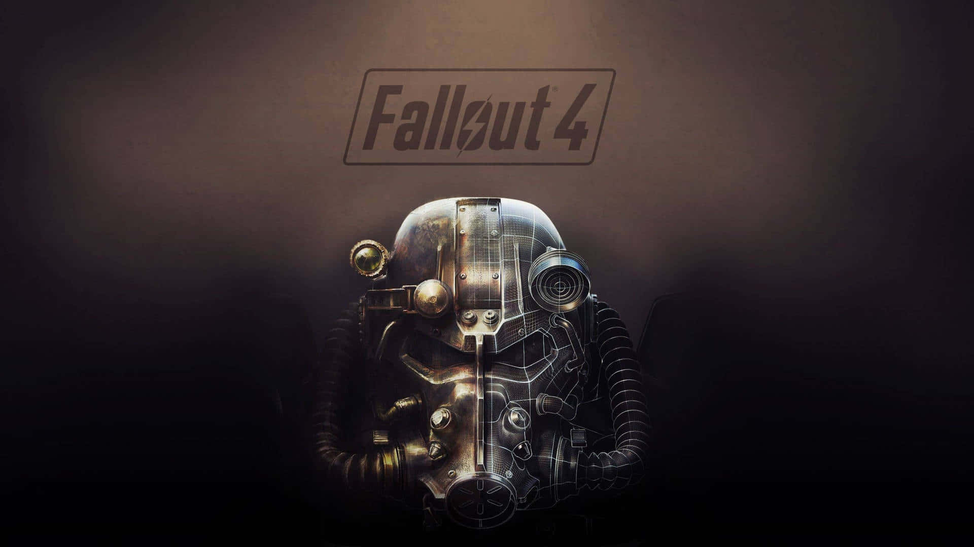 Fallout 4 Power Armor 桌布 壁紙 — 來自《Fallout 4》的風化動力裝甲頭盔，在黑暗煙霧背景上微弱發光，上方有遊戲標誌。