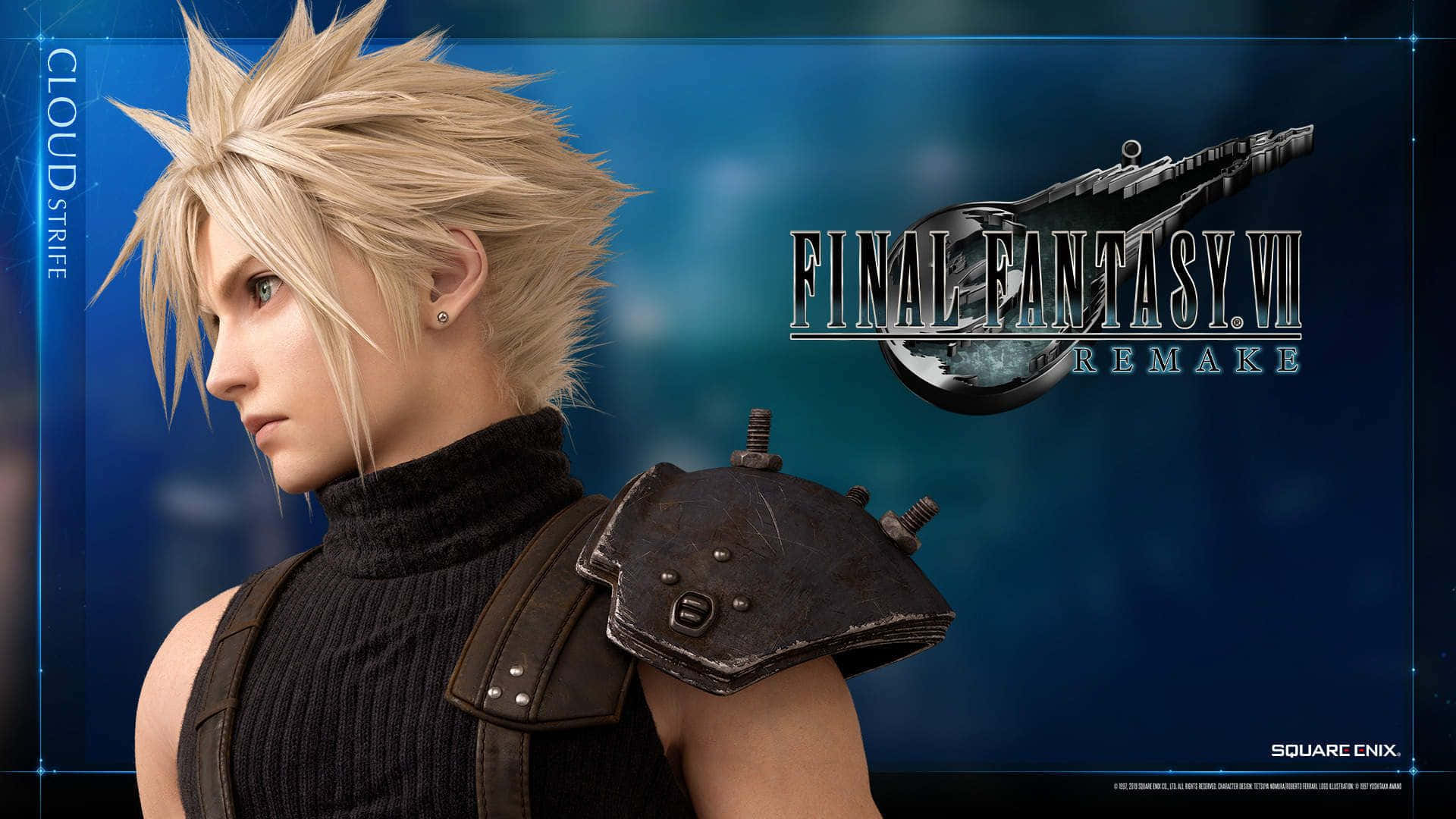 最終幻想 桌布 壁紙 — 來自《Final Fantasy VII Remake》的克勞德·史特萊夫以側面輪廓站立在藍色漸變背景上，並帶有遊戲標誌。
