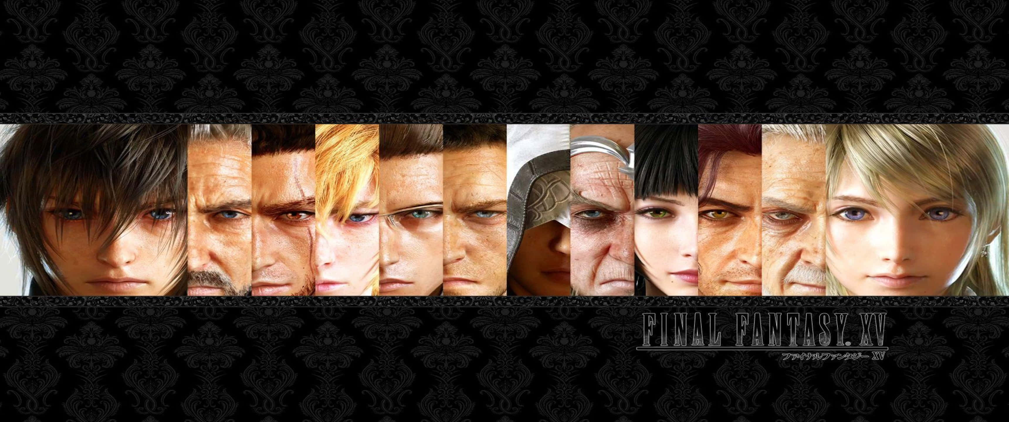 3440x1440p Final Fantasy Xv 桌布 壁紙 — 來自《Final Fantasy XV》的強烈角色肖像拼貼，以華麗的黑色壁紙框起。