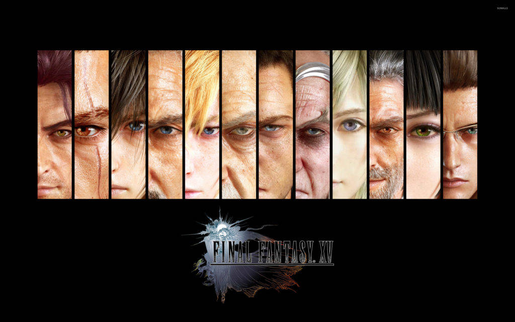 Xv 桌布 壁紙 — 來自《Final Fantasy XV》的強烈角色肖像垂直條紋，黑色背景，下方有遊戲標誌。