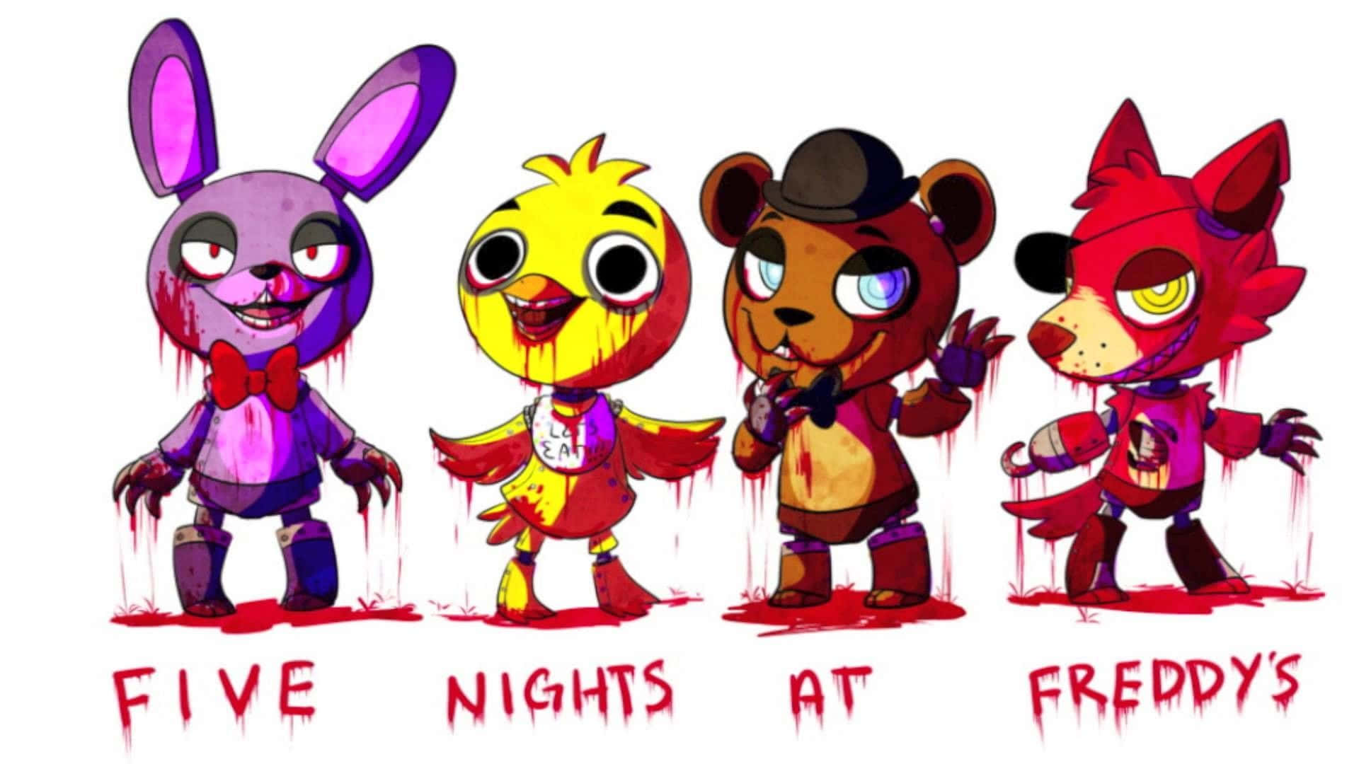 桌布 壁紙 — 來自《Five Nights at Freddy's》的四個血跡斑斑的電子動畫角色排成一排，背景為白色。