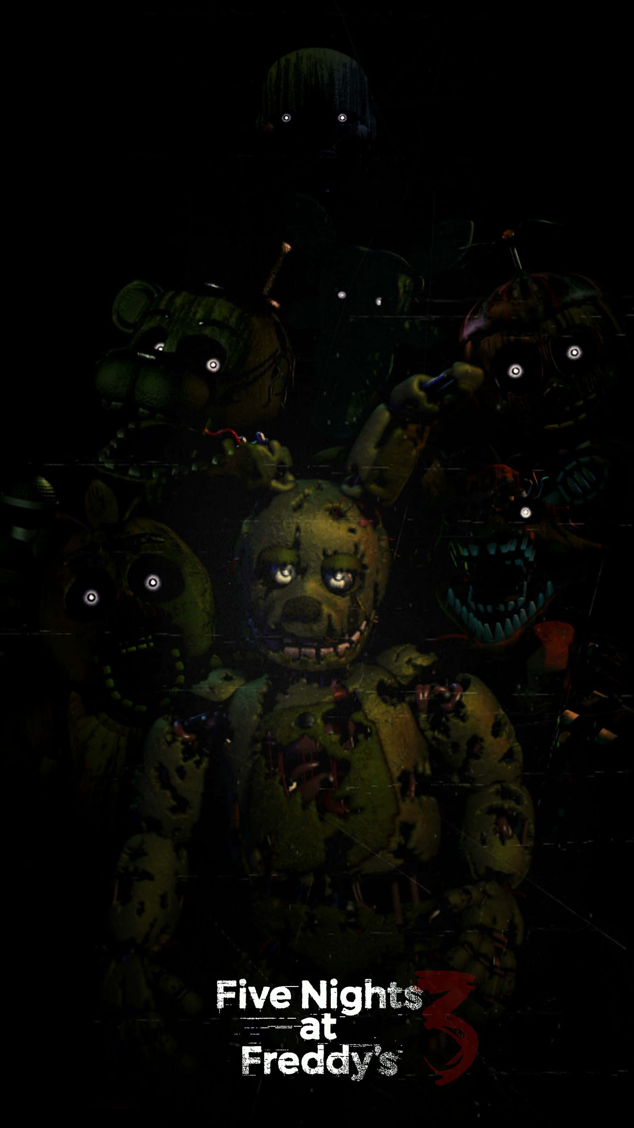 Springtrap 桌布 壁紙 — 來自《Five Nights at Freddy's》遊戲中，眼睛發光的恐怖機械角色在黑暗中若隱若現。