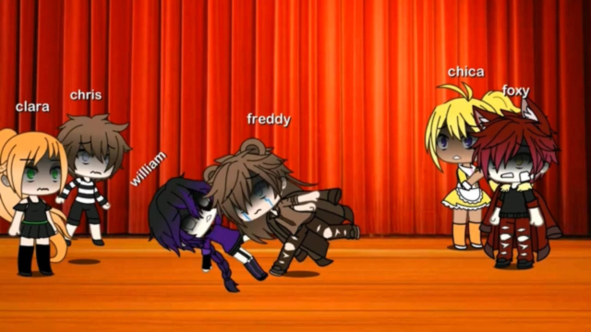 Chris Afton 桌布 壁紙 — 來自《Five Nights at Freddy's》的Q版動畫角色站在紅色帷幕前的木製舞台上。