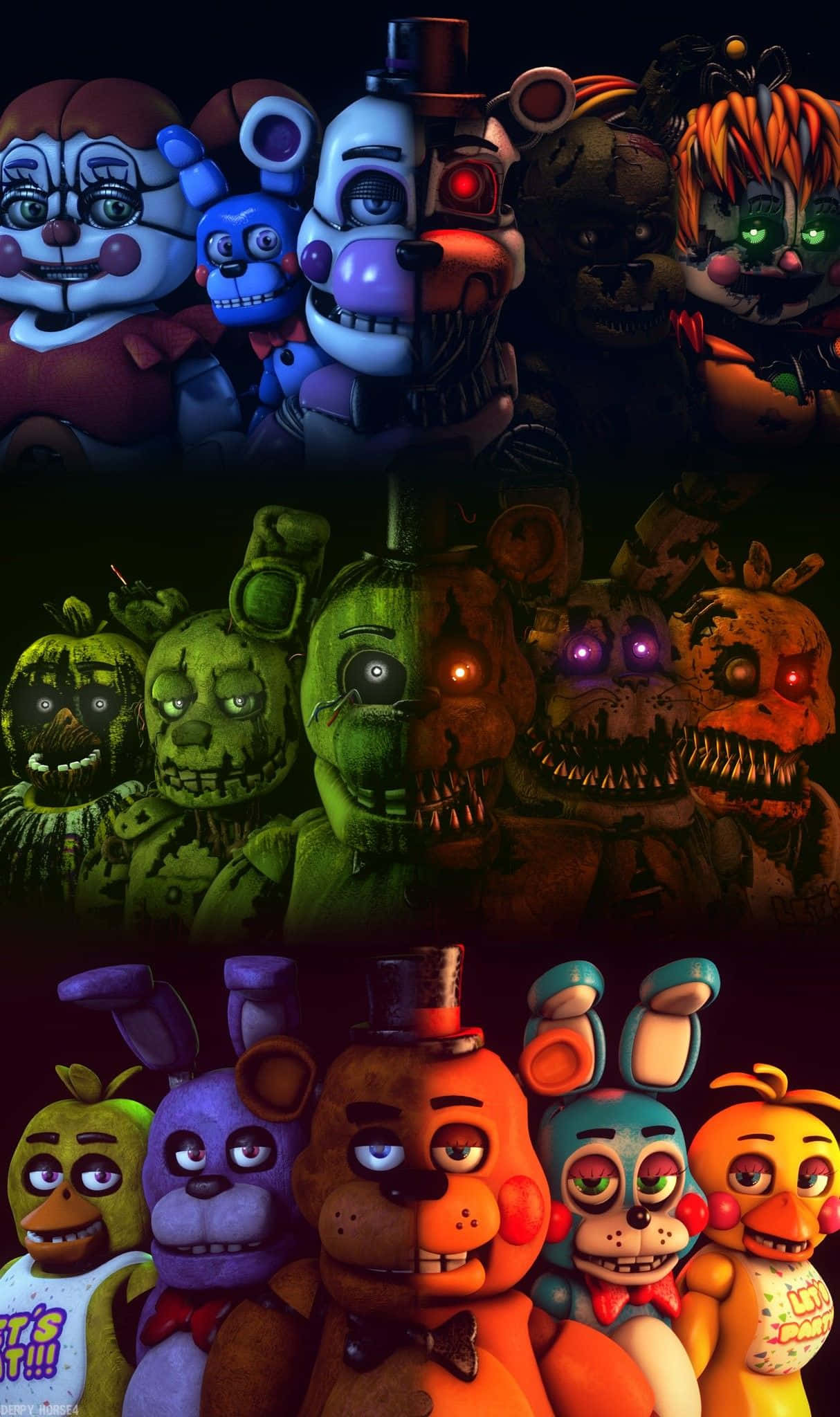 桌布 壁紙 — 來自《Five Nights at Freddy's》的機械動物角色拼貼畫，帶有發光的眼睛和破舊的服裝，充滿威脅感。