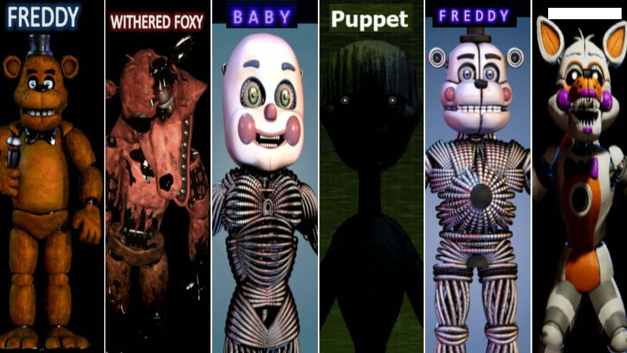 佛萊迪餐館之五夜驚魂 桌布 壁紙 — 來自《Five Nights at Freddy's》的六個威脅性機械人偶角色在黑暗背景前站成一排。