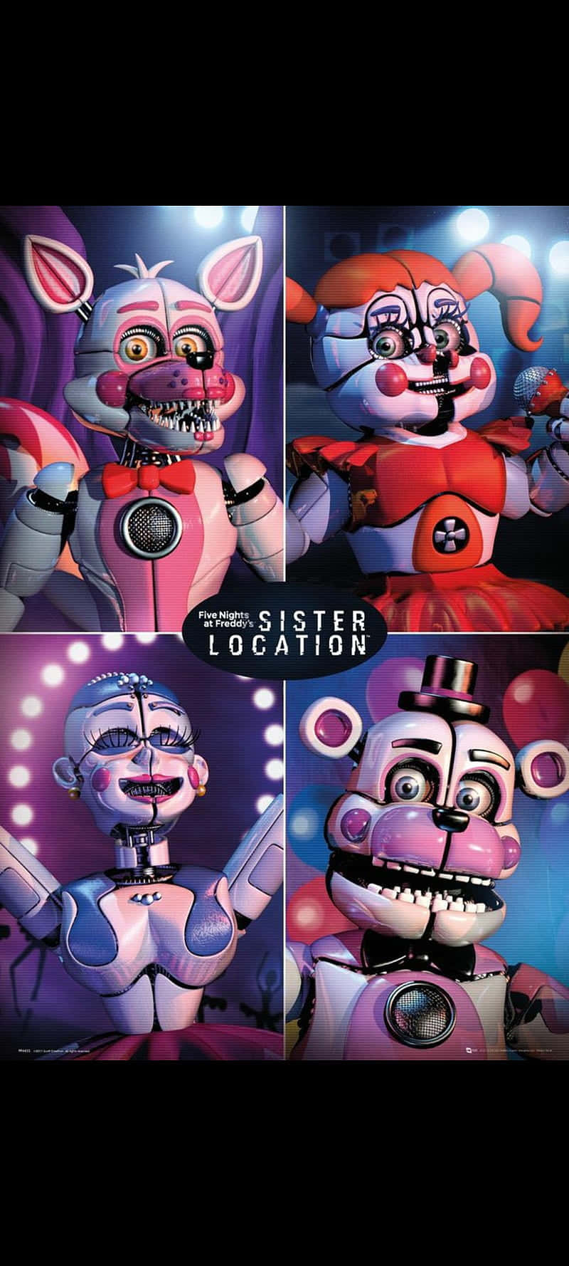 恐怖動圖 桌布 壁紙 — 來自《Five Nights at Freddy's Sister Location》的四個電子動畫角色在舞台燈光下擺出姿勢，露出兇險的笑容。