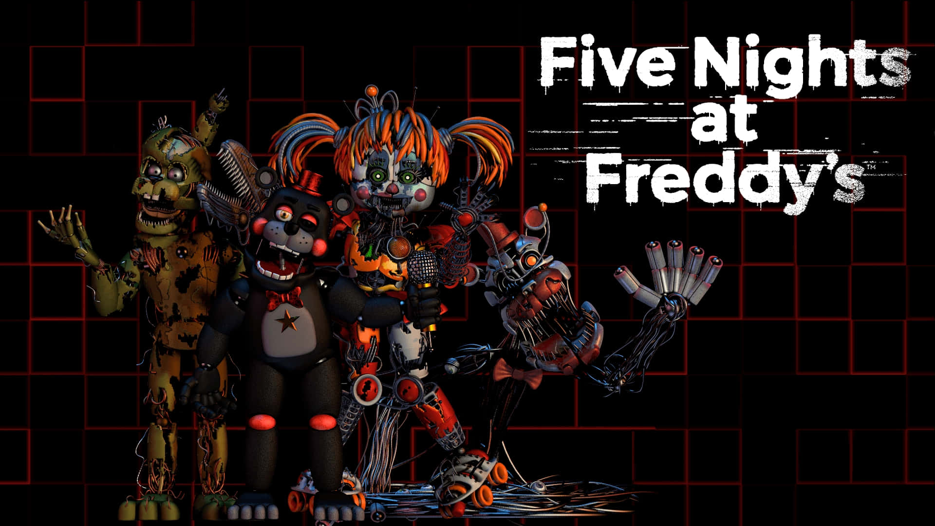 Scrap Baby 桌布 壁紙 — 來自《Five Nights at Freddy's》的四個威脅性機械動畫角色，站在帶有發光紅線的暗色網格背景前。