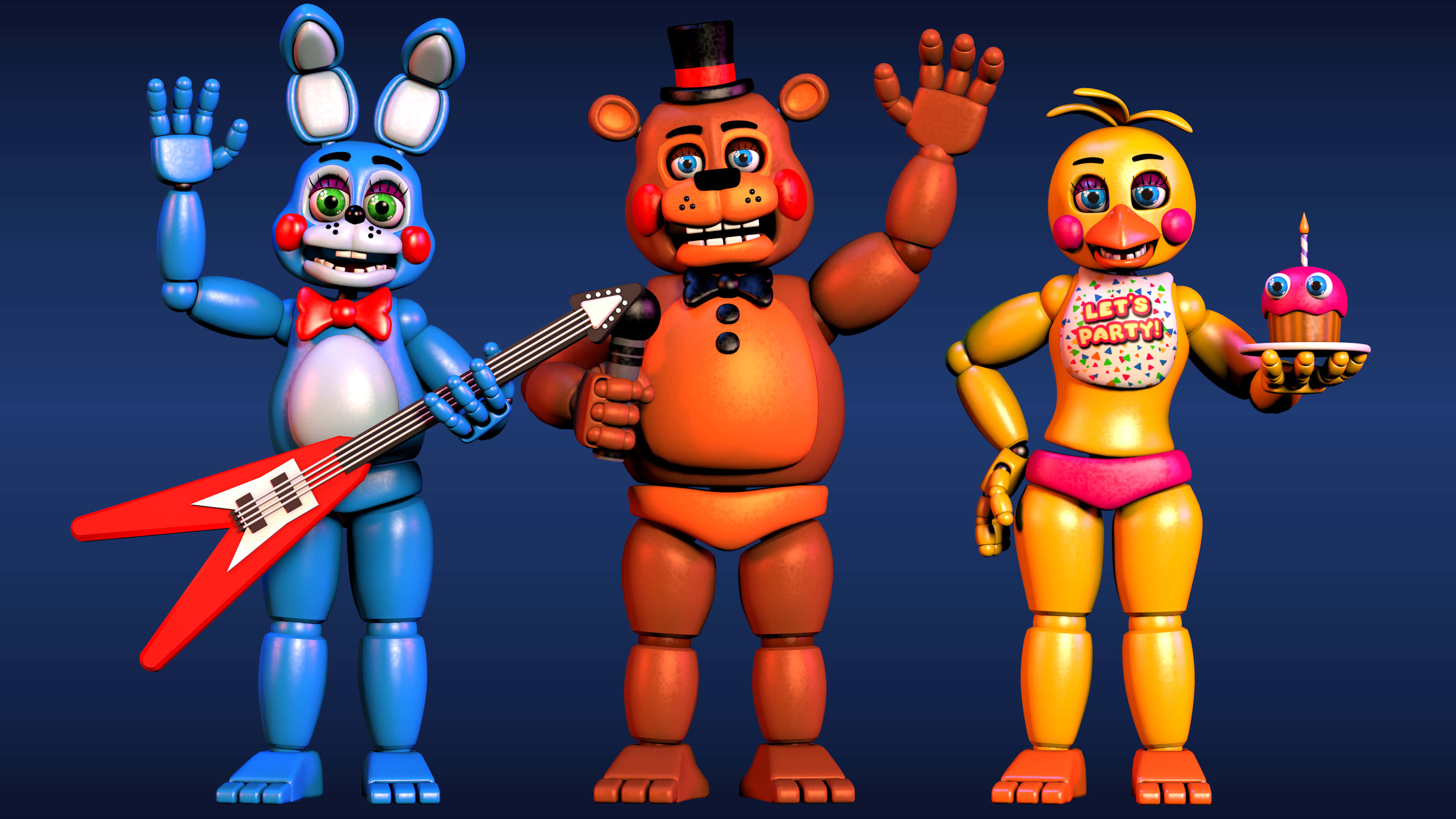 Five Nights At Freddy's Characters 桌布 壁紙 — 來自《Five Nights at Freddy's》的三個電子動畫角色在深藍色背景前揮手並擺姿勢，手持吉他和生日蛋糕。