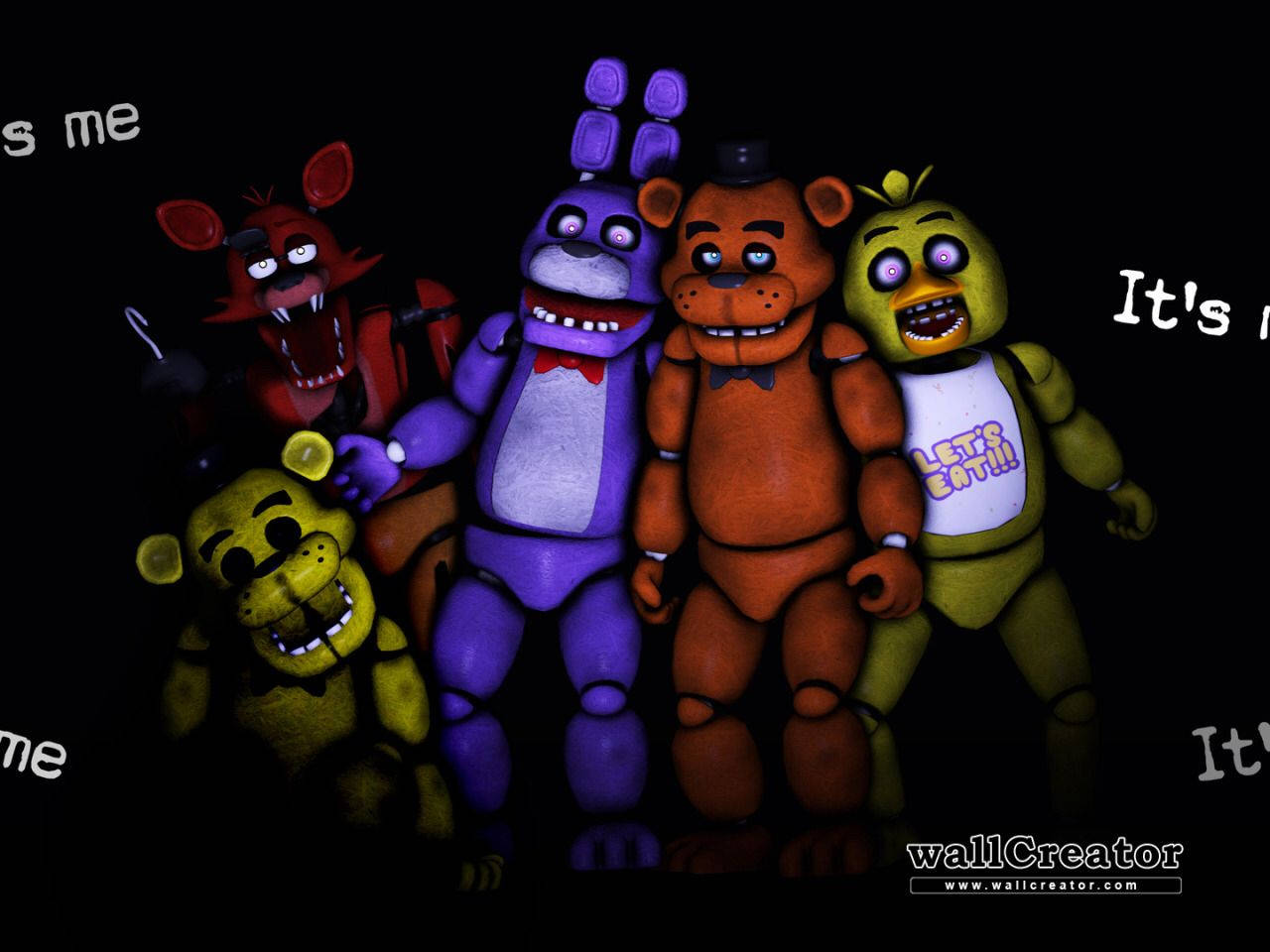 佛萊迪餐館之五夜驚魂 桌布 壁紙 — 來自《Five Nights at Freddy's》的五個電子動畫角色，在黑色背景上閃爍著發光的眼睛和鋒利的牙齒，顯得咄咄逼人。