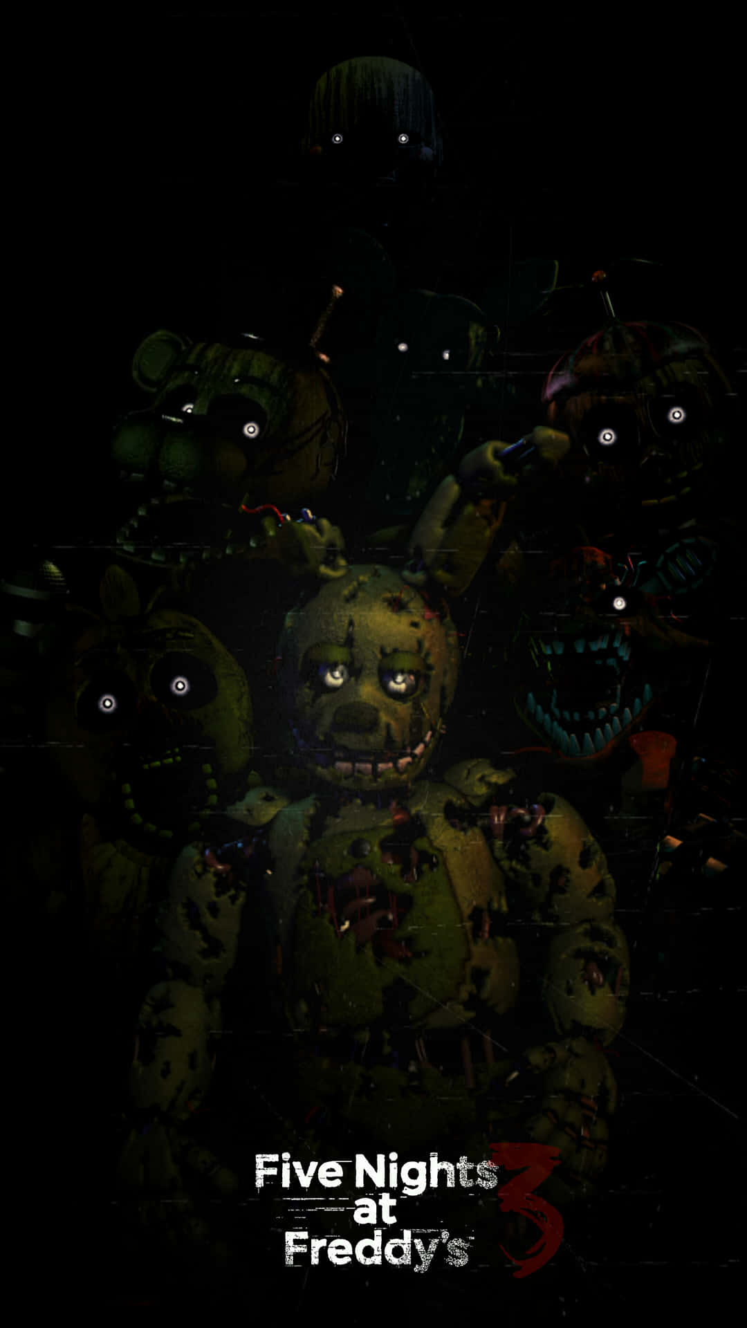 佛萊迪餐館之五夜驚魂 桌布 壁紙 — 來自《Five Nights at Freddy's》遊戲的恐怖機械人偶角色，眼睛發光，在黑暗中若隱若現。