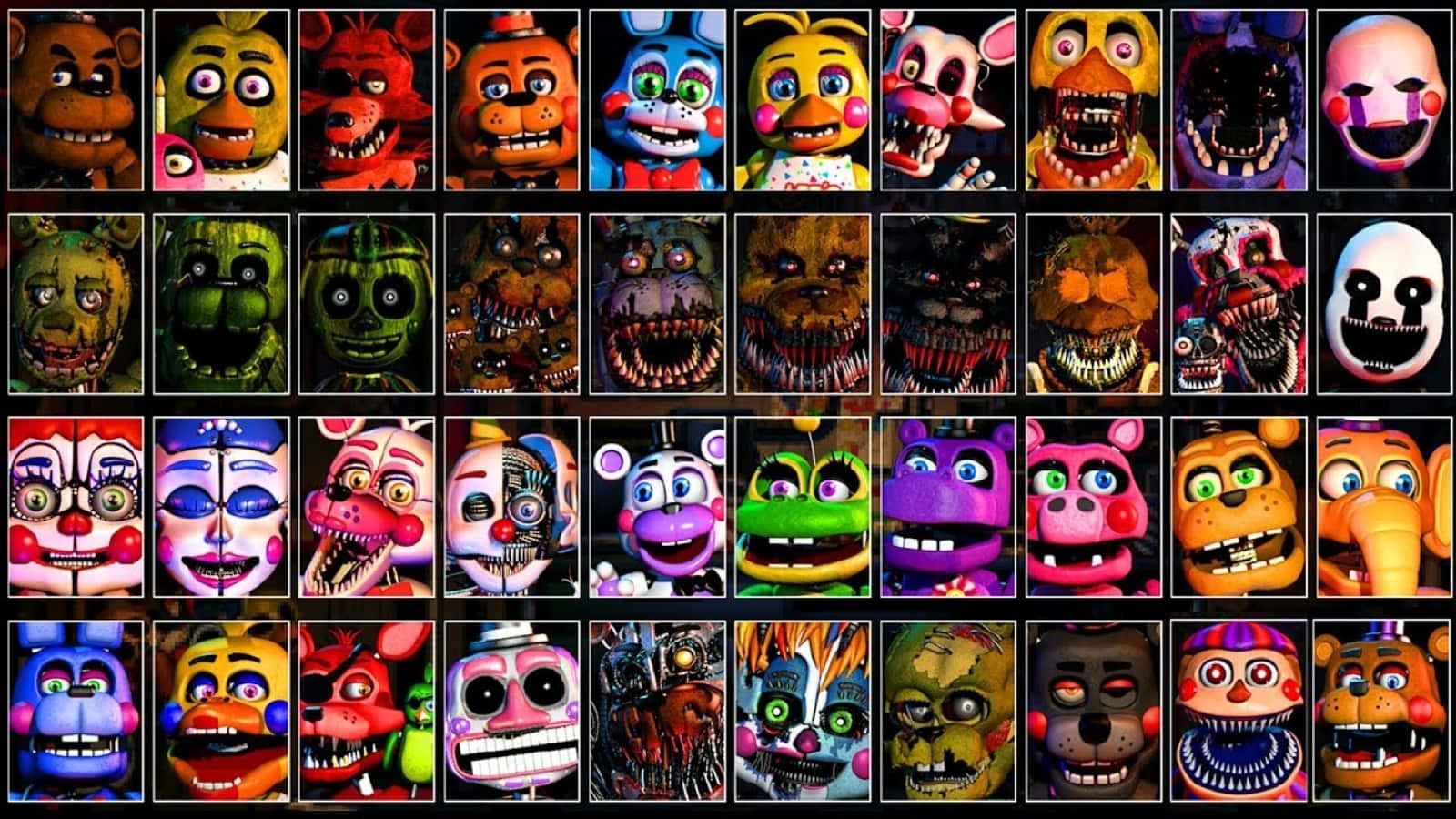 Ultimate Custom Night 桌布 壁紙 — 來自《Five Nights at Freddy's》的威脅性電子動畫角色網格，帶有發光的眼睛和鋒利的牙齒。
