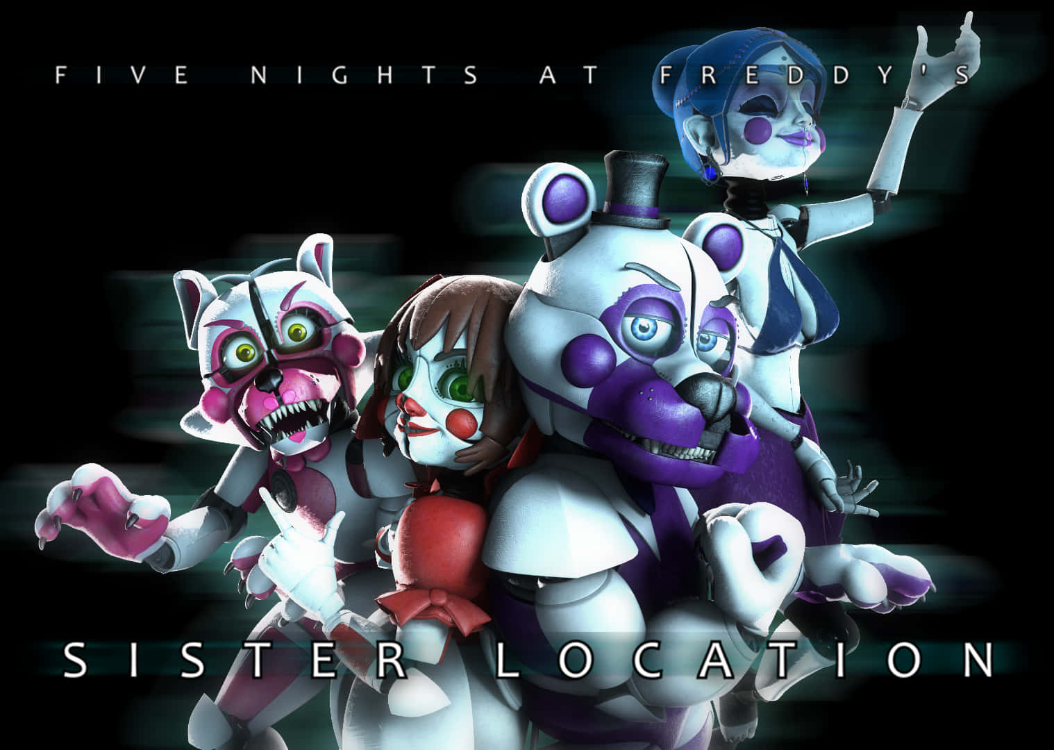 恐怖動圖 桌布 壁紙 — 來自《Five Nights at Freddy's Sister Location》的三個威脅性機械人角色，在黑暗背景前擺姿勢，眼睛發光，燈光詭異。