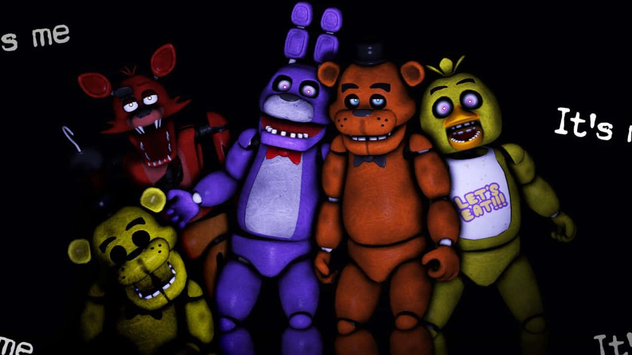 佛萊迪餐館之五夜驚魂 桌布 壁紙 — 來自《Five Nights at Freddy's》的五個電子動畫角色，在黑色背景前威脅性地站立，眼睛發光，牙齒鋒利。