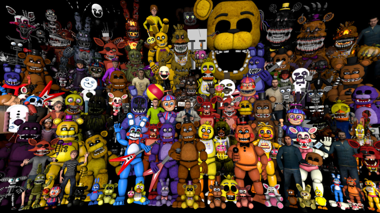 Five Nights At Freddy's Characters 桌布 壁紙 — 來自《Five Nights at Freddy's》系列的五彩繽紛的機械動物角色和人類密集地聚集在黑暗背景前一起擺姿勢。
