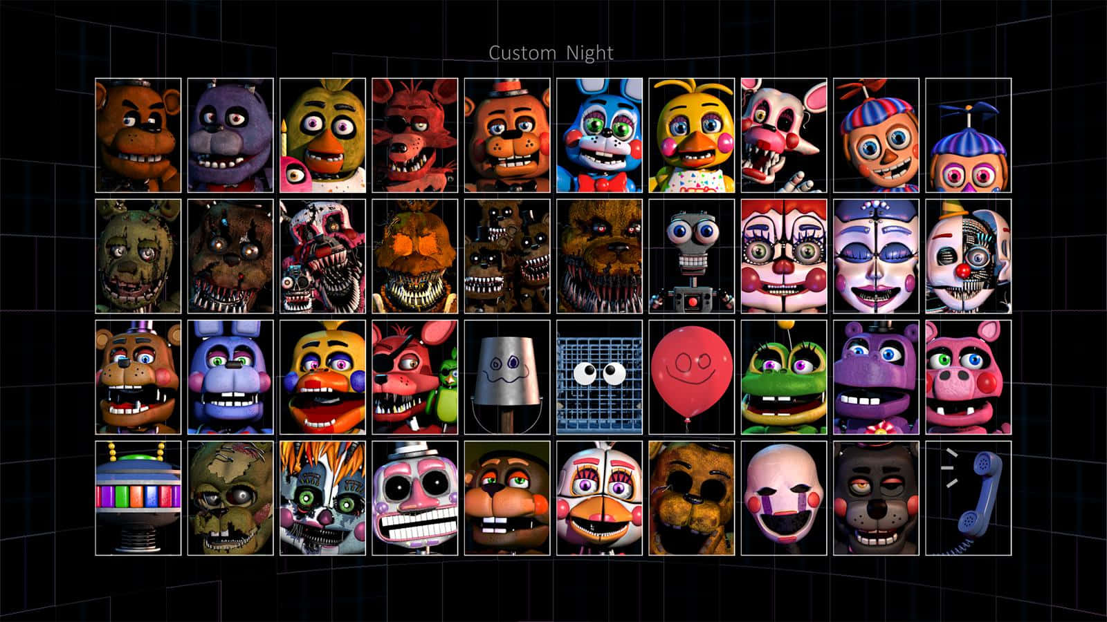Ultimate Custom Night 桌布 壁紙 — 來自《Five Nights at Freddy's》的威脅性電子動畫面孔網格，帶有發光的眼睛和鋒利的牙齒，背景為深色網格。