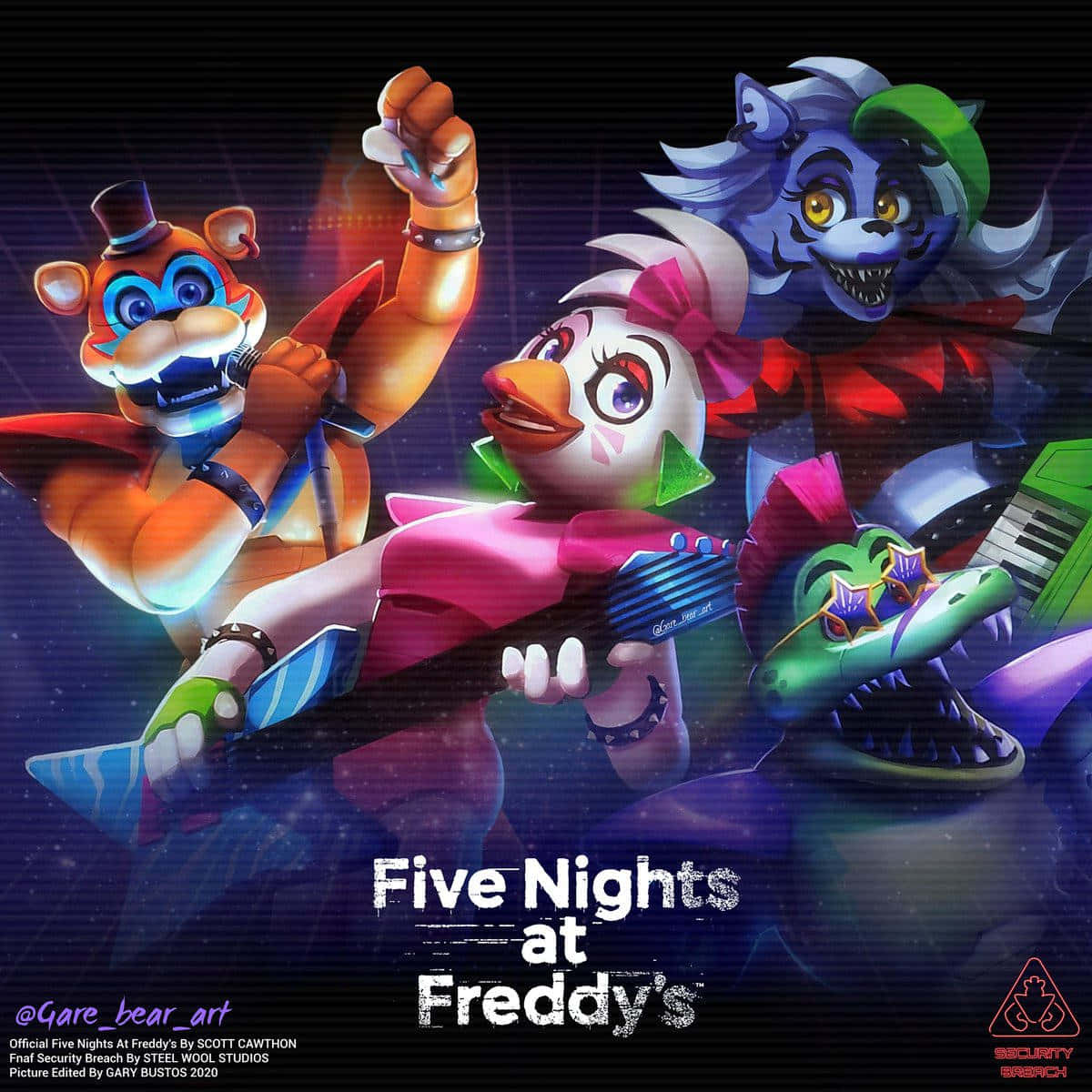 game 桌布 壁紙 — 來自《Five Nights at Freddy's》的四個電子動畫角色在霓虹燈光下充滿活力地表演，帶有發光效果。