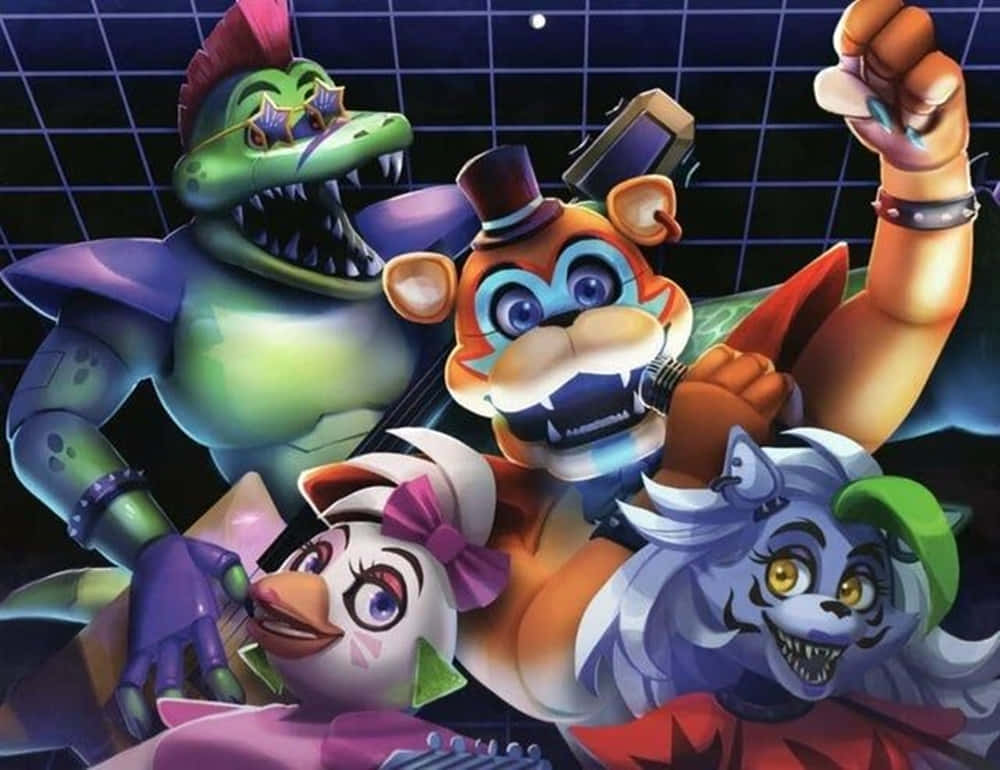 Fnaf Daycare 桌布 壁紙 — 來自《Five Nights at Freddy's》的四個電子動畫角色在星空下，以發光網格背景為襯托，動態地擺出姿勢。