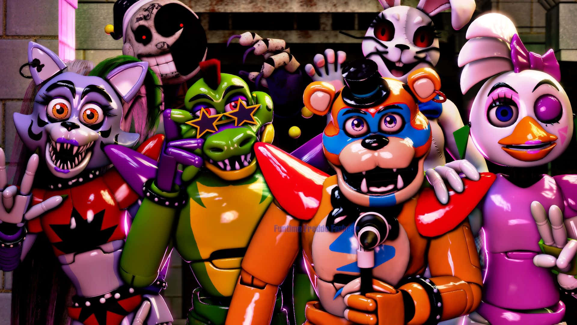 佛萊迪餐館之五夜驚魂 桌布 壁紙 — 來自《Five Nights at Freddy's》色彩鮮豔的電子動畫角色在昏暗的街機環境中一起擺姿勢。