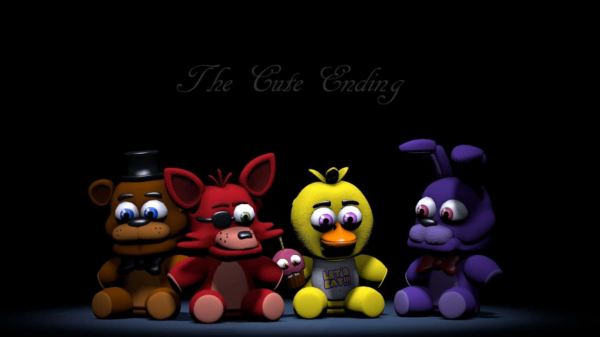 桌布 壁紙 — 來自《Five Nights at Freddy's》的四個電子動畫角色在黑色背景的聚光燈下坐在一起，並帶有文字「The Cute Ending」。