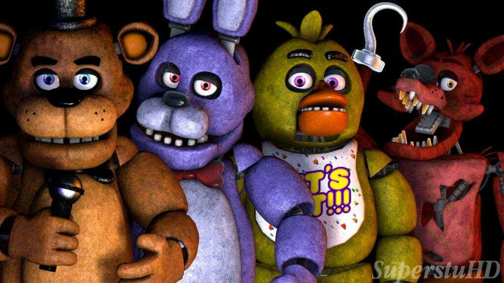 佛萊迪餐館之五夜驚魂 桌布 壁紙 — 來自《Five Nights at Freddy's》的四個電子動畫角色，帶著破損的牙齒和詭異的眼睛，在黑色背景前威脅地凝視。