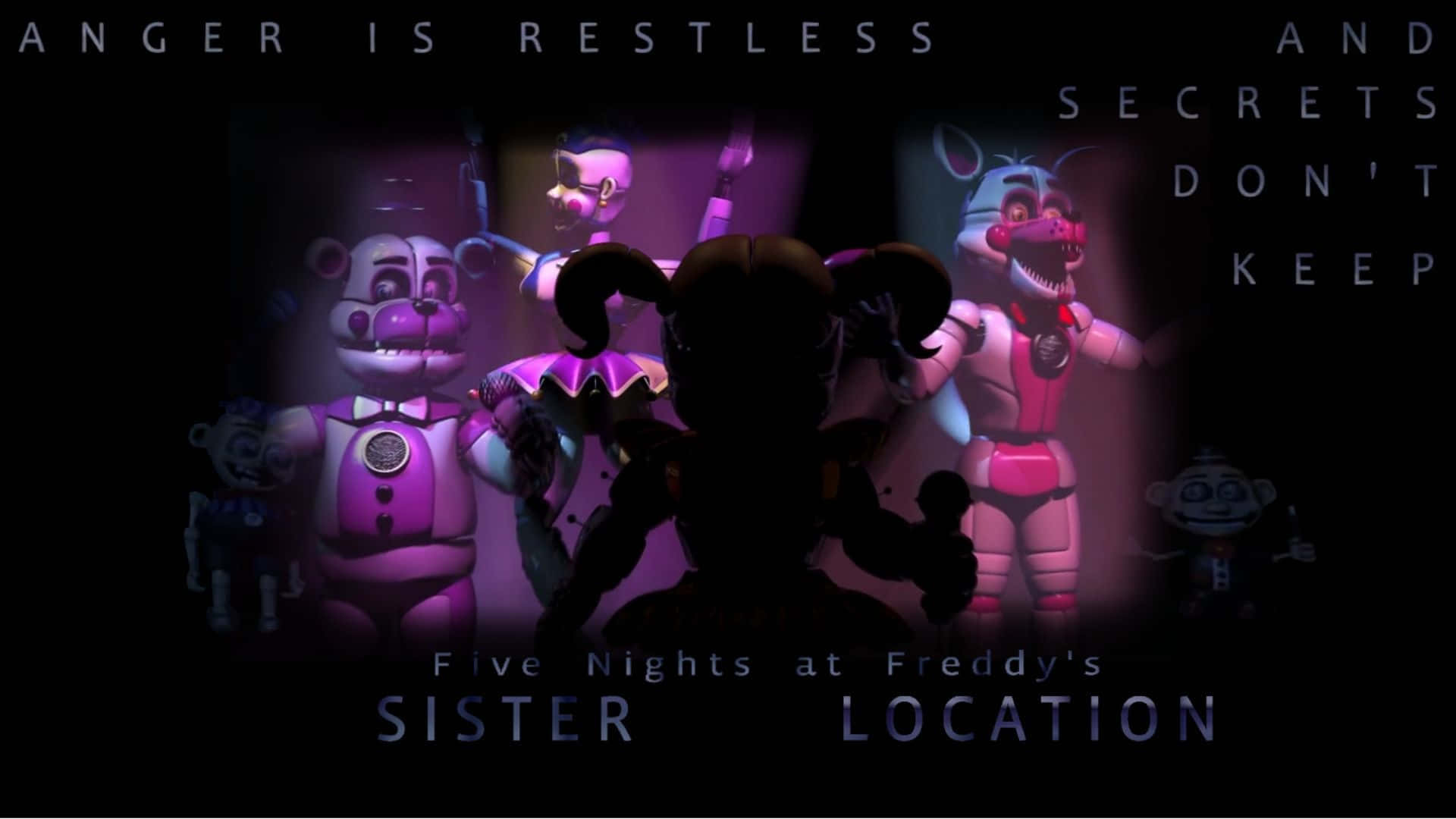 Fnaf Sister Location 桌布 壁紙 — 來自《Five Nights at Freddy's》的剪影動畫角色在黑暗背景下以紫色光芒發出威脅性的光芒。