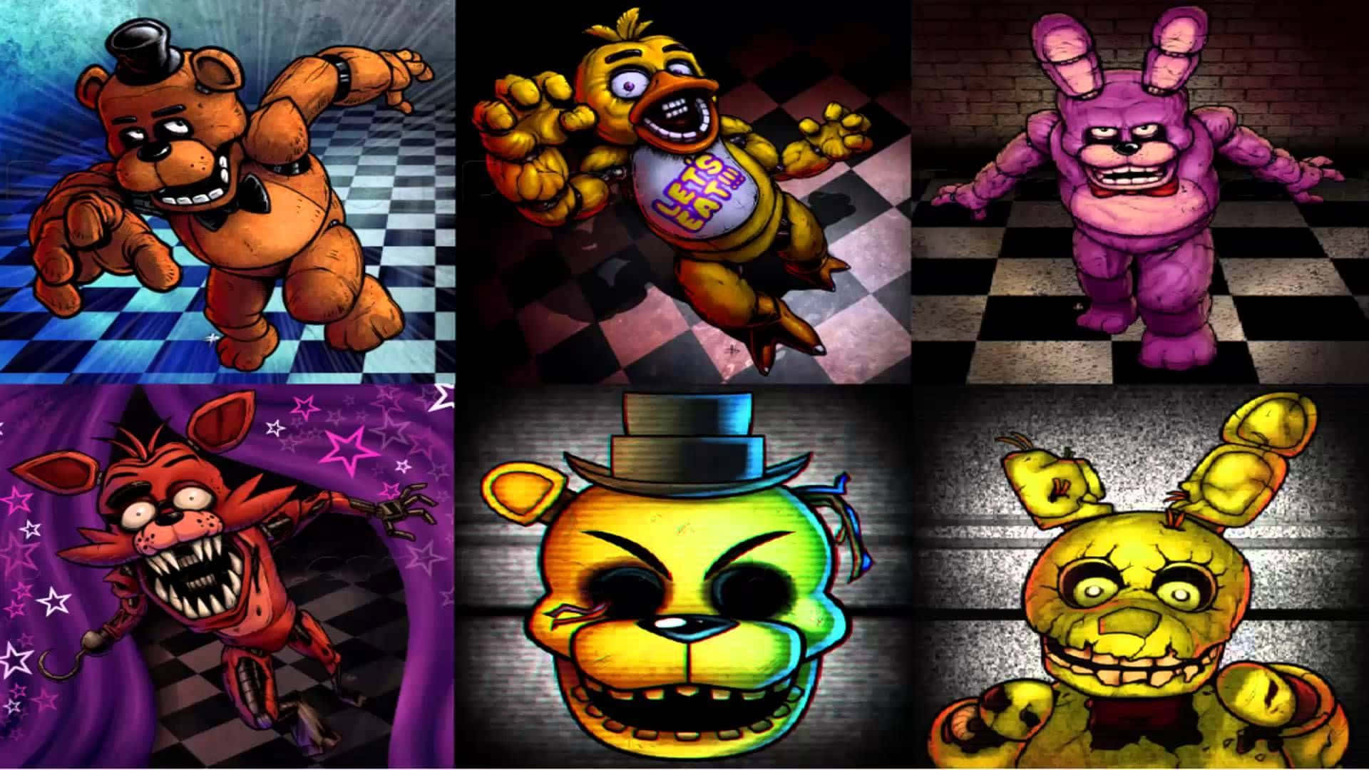 Fnaf Jumpscare 桌布 壁紙 — 來自《Five Nights at Freddy's》的六個兇惡機械動畫角色，在棋盤格地板和詭異燈光下擺出侵略性姿勢。