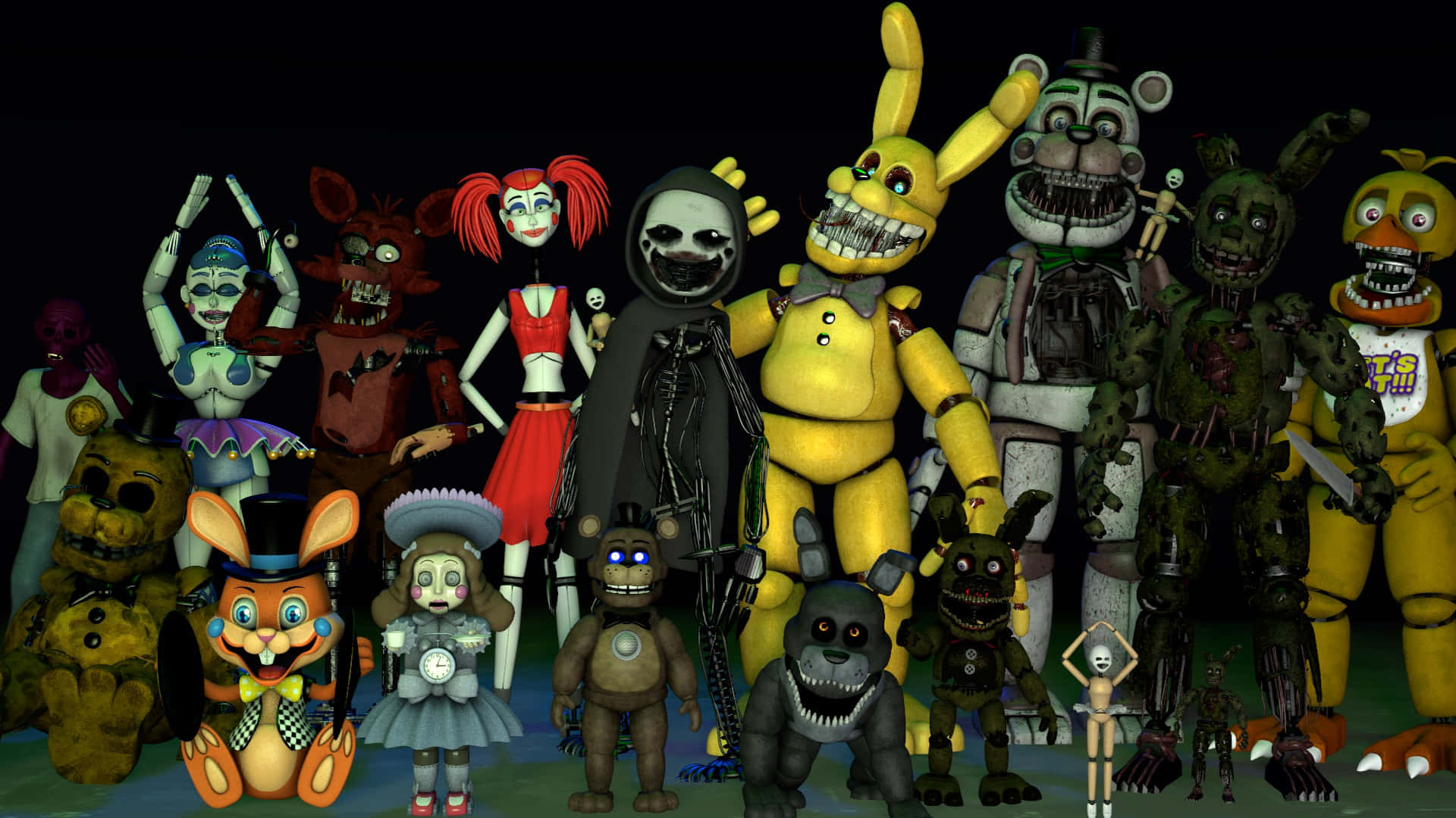 Fazbear Frights 桌布 壁紙 — 來自《Five Nights at Freddy's》的一群威脅性機械人偶角色，在黑暗詭異的隊列中站立，眼睛發光，牙齒破損。
