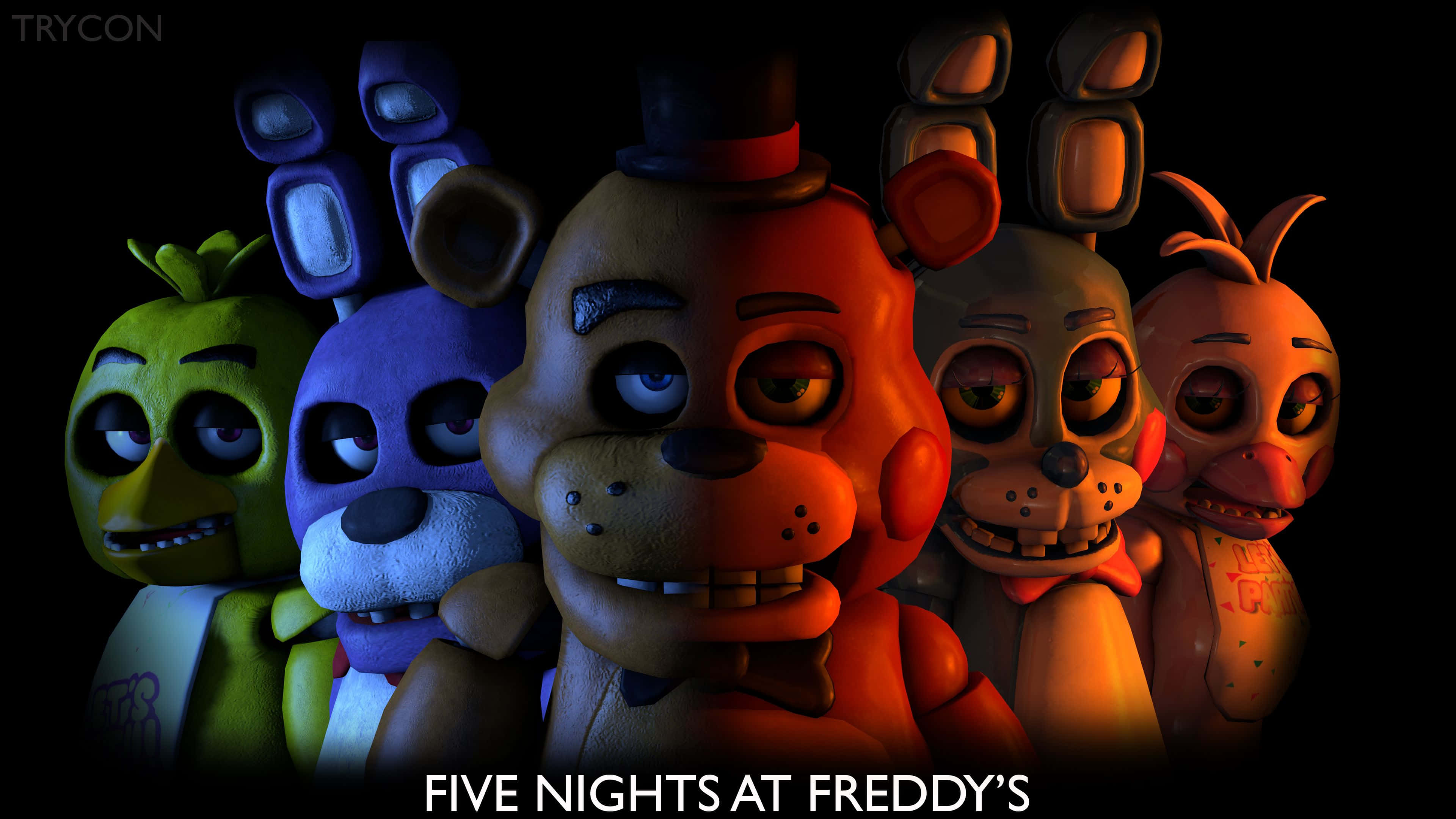 佛萊迪餐館之五夜驚魂 桌布 壁紙 — 來自《Five Nights at Freddy's》的五個電子動畫角色在戲劇性燈光下排成威脅性的行列。