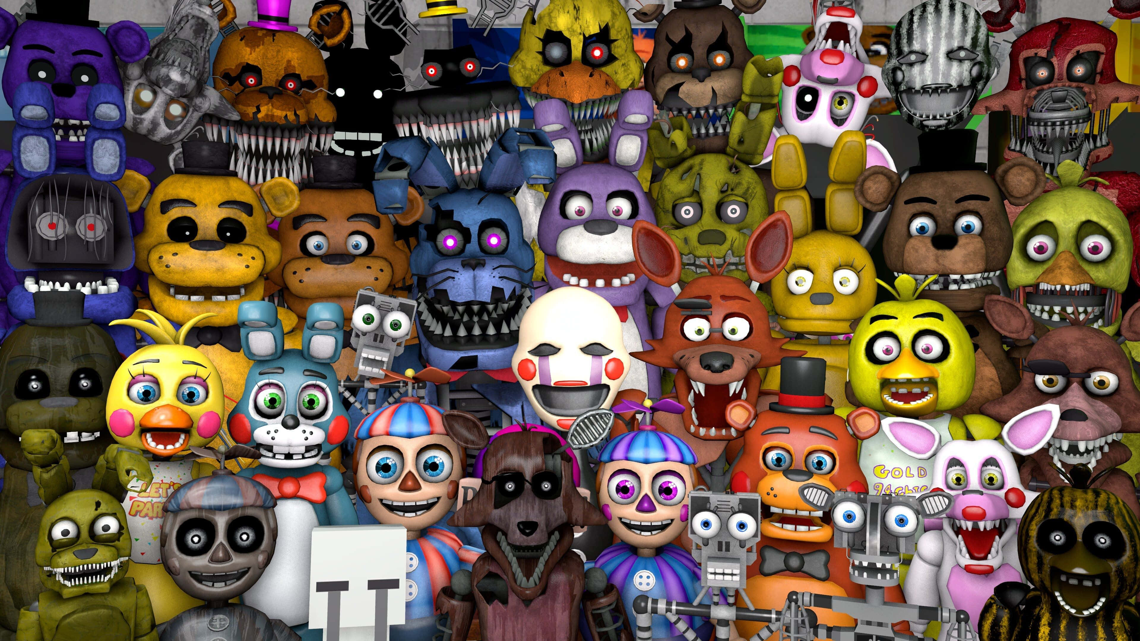 Animatronics 桌布 壁紙 — 來自《Five Nights at Freddy's》的一大群威脅性機械動物角色，擁有發光的眼睛和鋒利的牙齒。