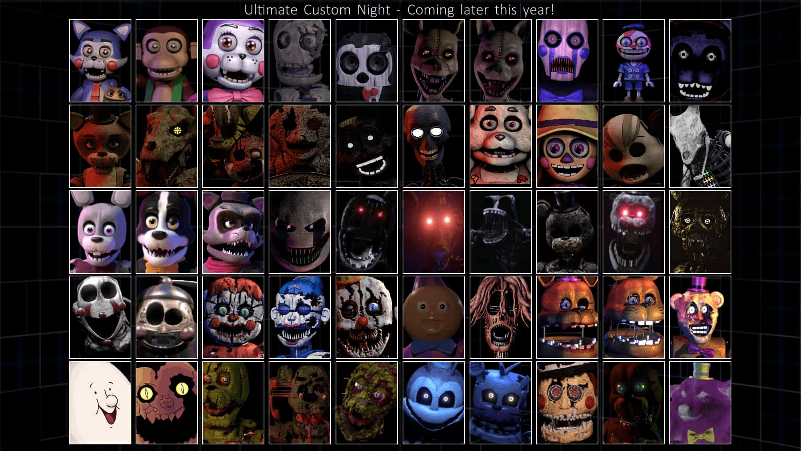 Ultimate Custom Night 桌布 壁紙 — 來自《Five Nights at Freddy's》的威脅性電子動畫角色網格，眼睛發光，面孔扭曲。