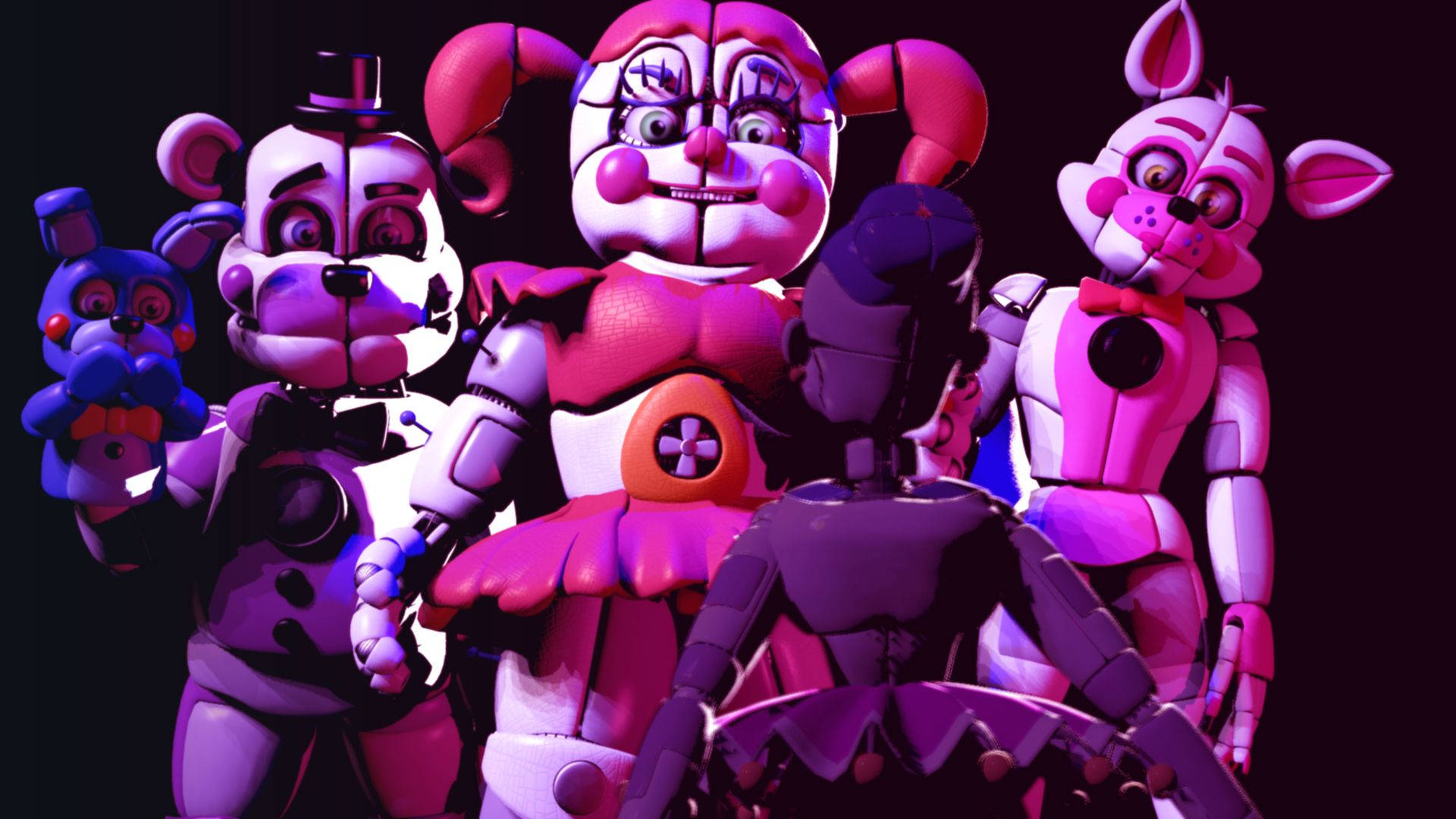 Circus 桌布 壁紙 — 來自《Five Nights at Freddy's》的發光粉紅色和紫色電子動畫角色在黑暗背景下威脅地凝視。