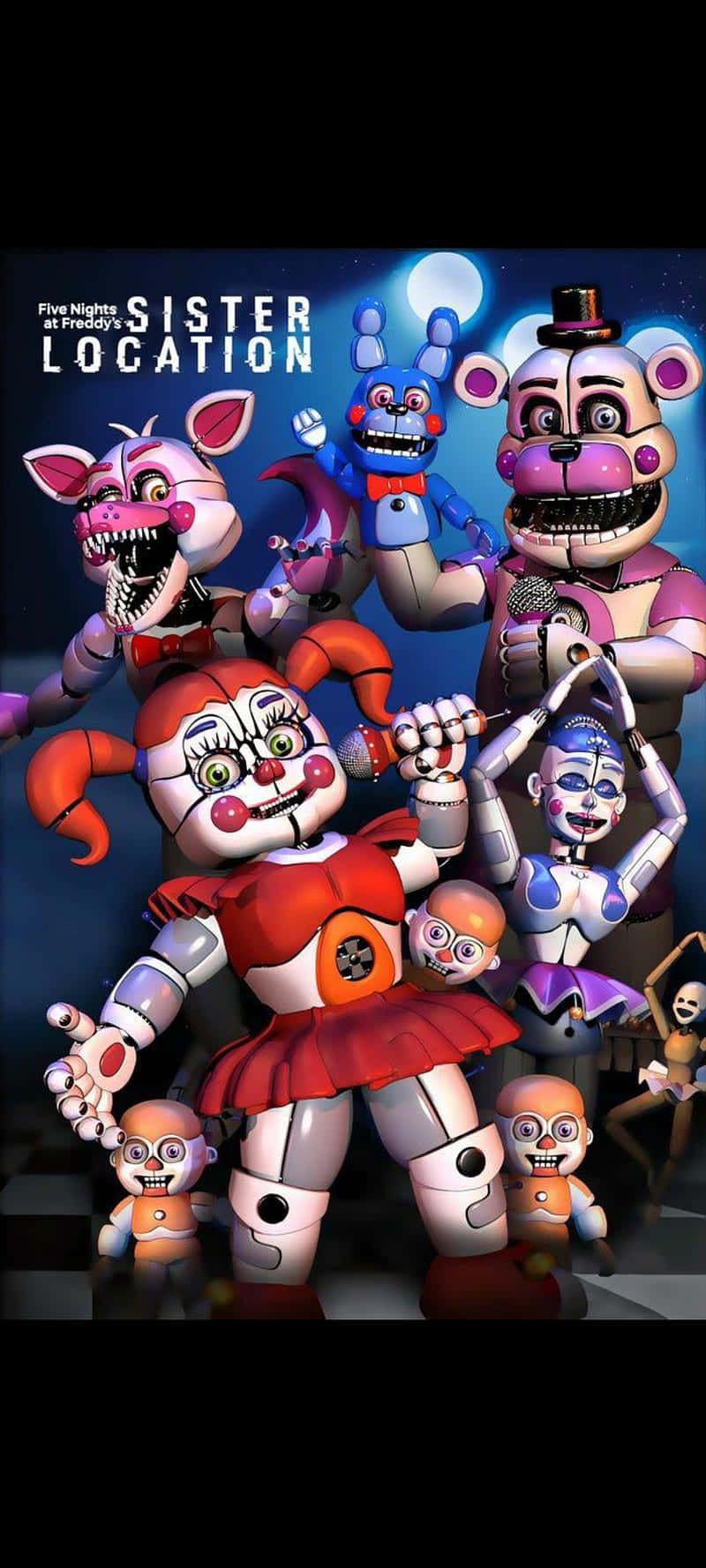 電玩遊戲 桌布 壁紙 — 來自《Five Nights at Freddy's Sister Location》的一群恐怖機械人偶角色在滿月下擺姿勢，眼睛發光，牙齒鋒利。