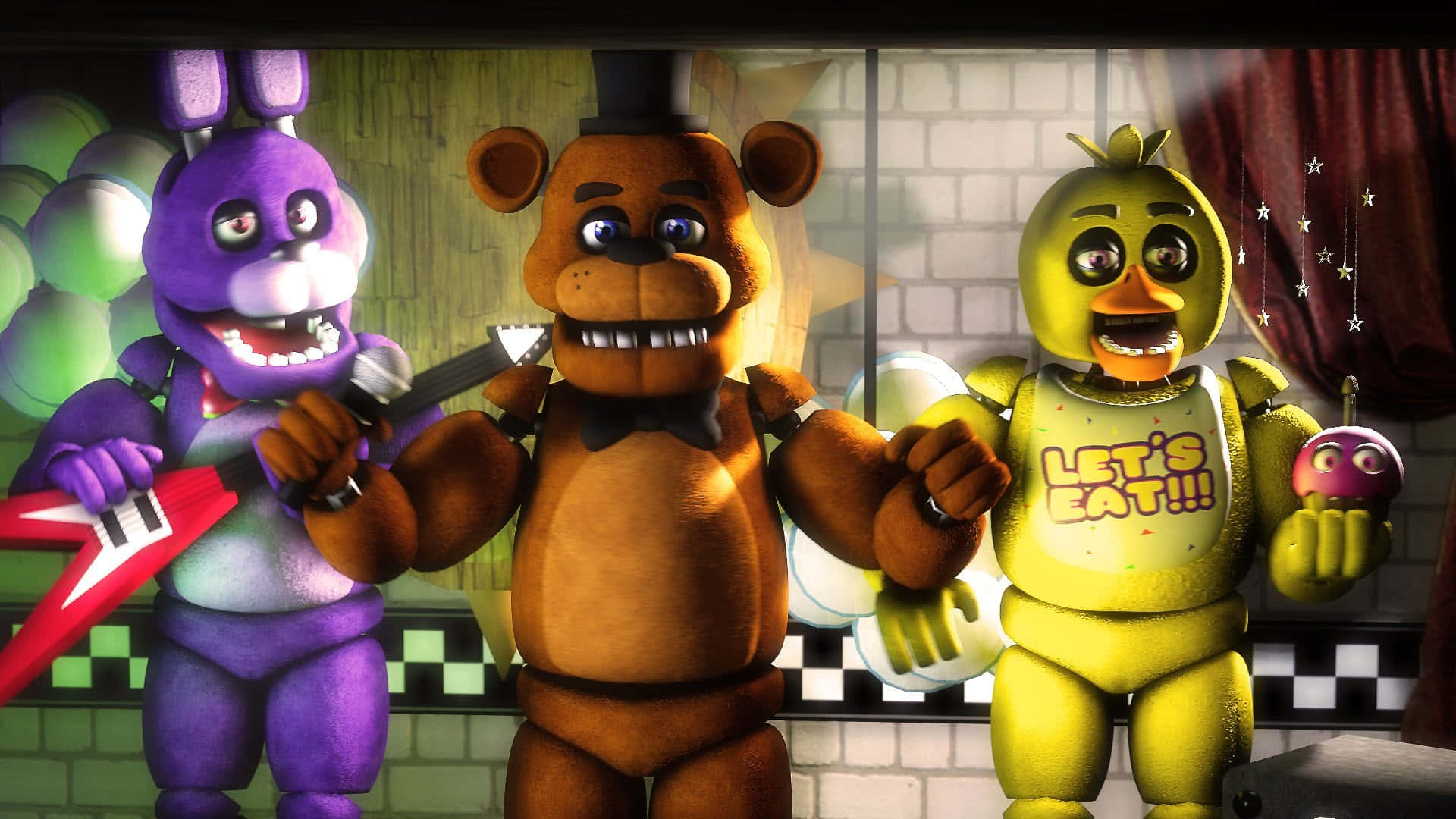 Animatronics 桌布 壁紙 — 來自《Five Nights at Freddy's》的三個電子動畫角色在昏暗的街機環境中站在一起。