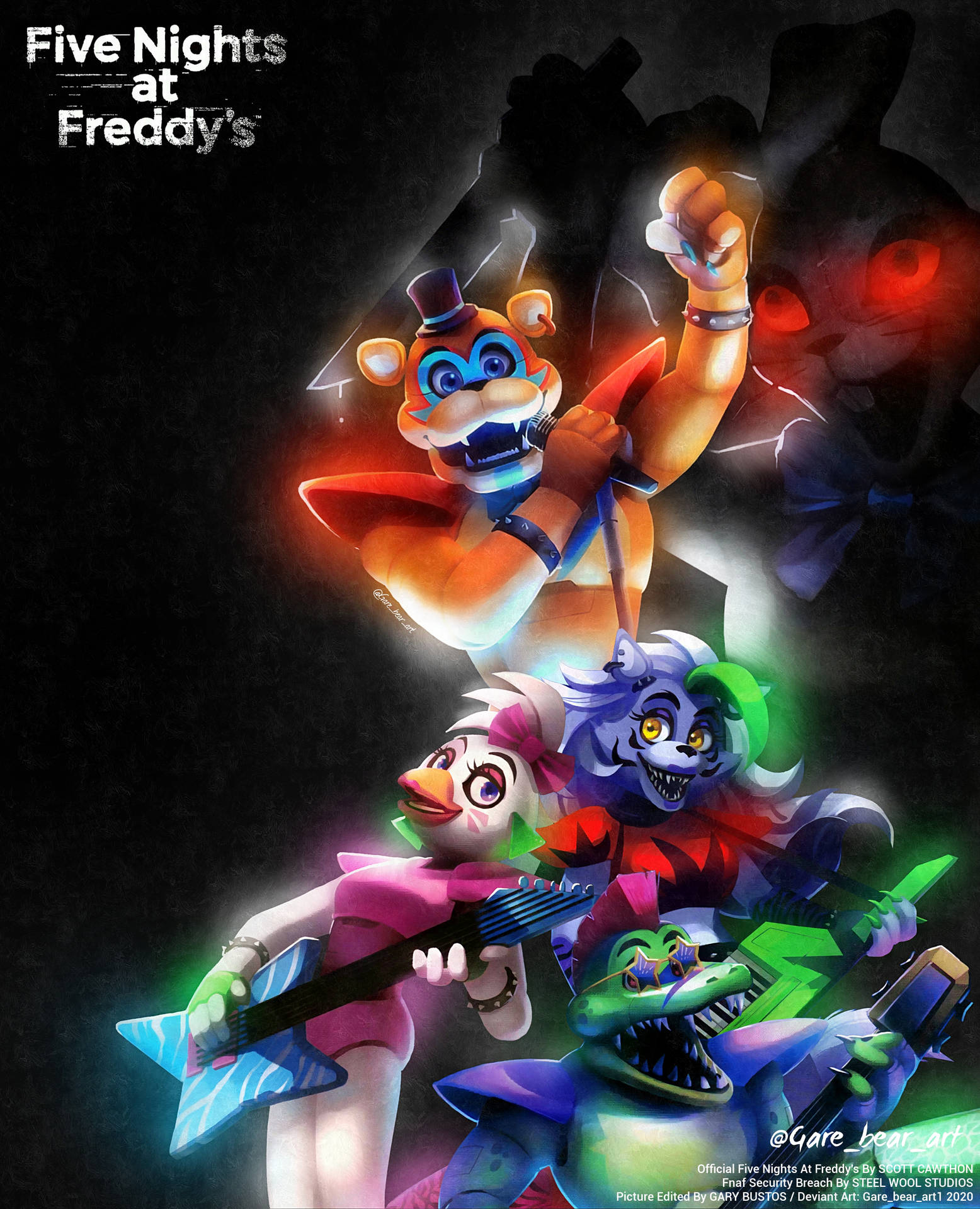 Freddy Fazbear 和其他電子動畫角色在黑暗恐怖的環境中彈奏吉他。
