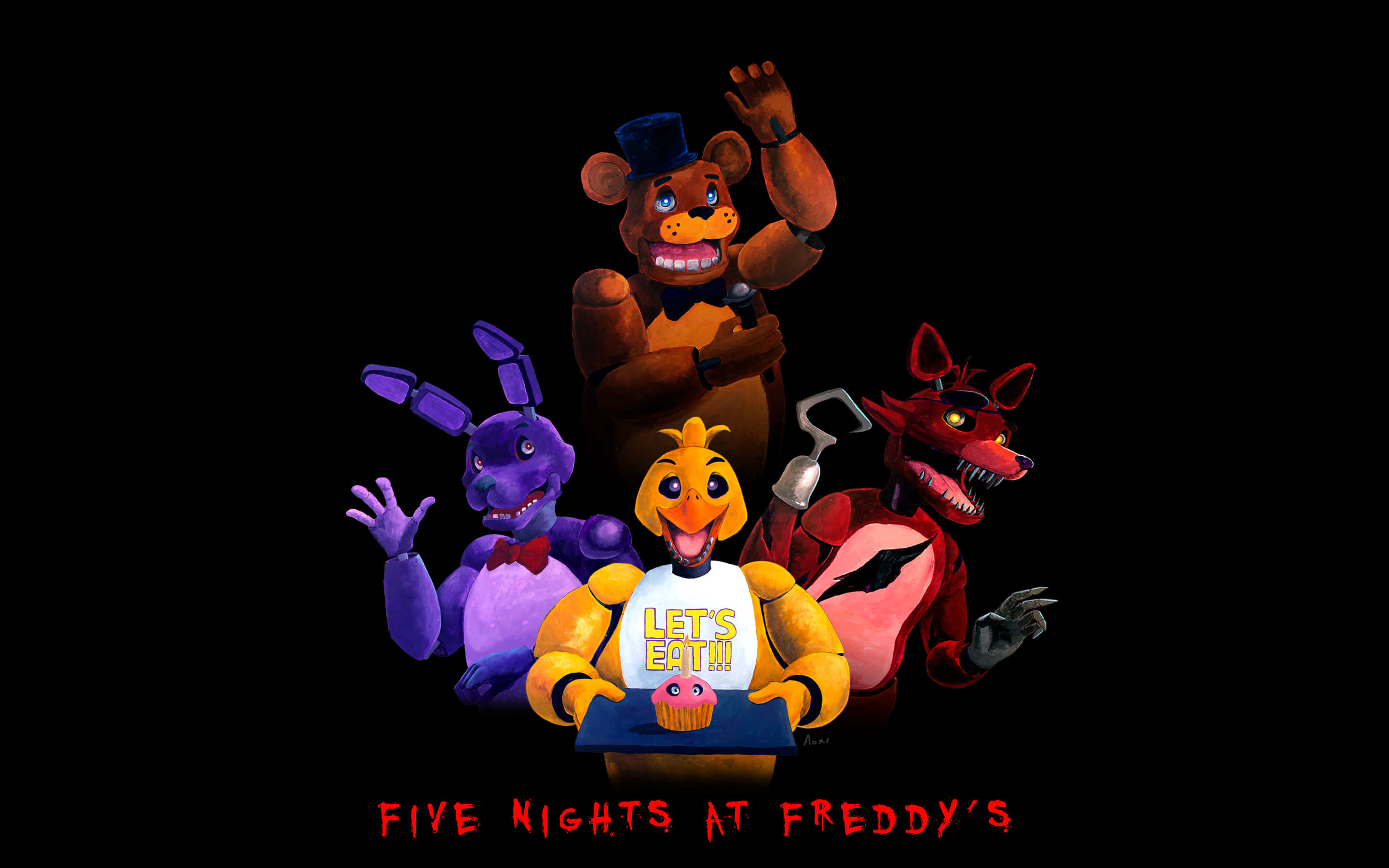 Animatronics 桌布 壁紙 — 來自《Five Nights at Freddy's》的四個電子動畫角色在黑色背景上擺姿勢，帶有紅色標題文字。