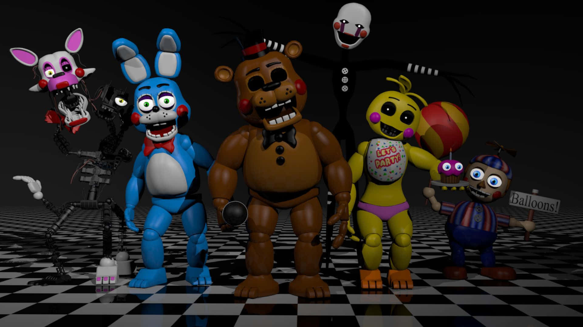 佛萊迪餐館之五夜驚魂 桌布 壁紙 — 來自《Five Nights at Freddy's》的六個電子動畫角色在黑暗背景前，站在黑白棋盤格地板上，氣勢洶洶。