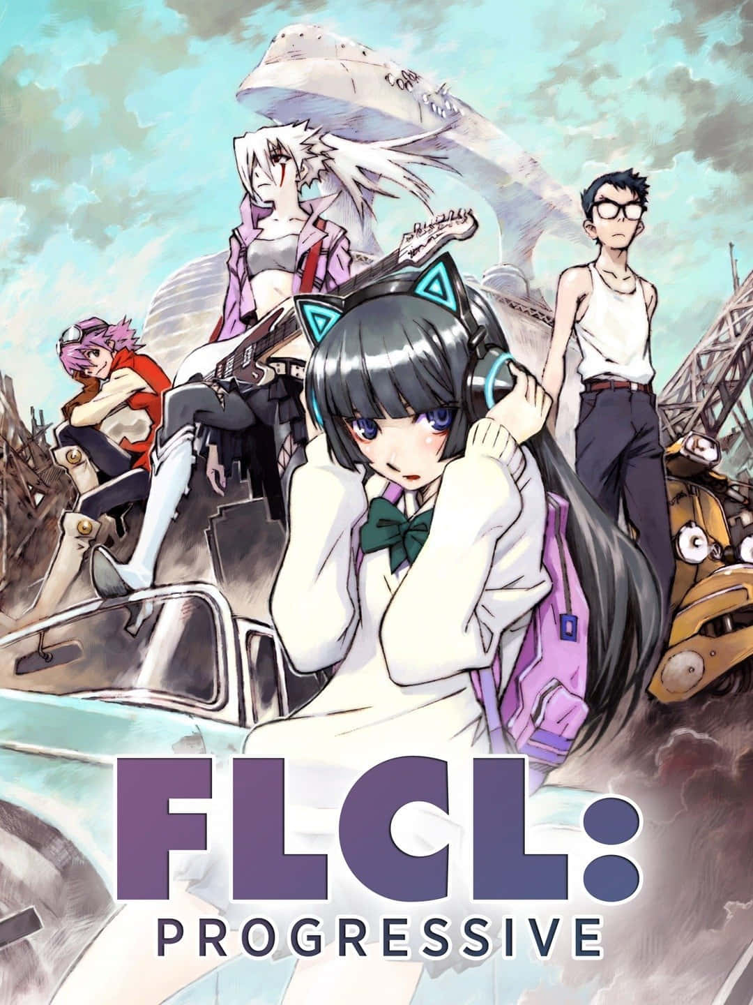 Flcl 桌布 壁紙 — 來自 FLCL Progressive 的動漫角色戲劇性地在一輛汽車上擺姿勢，天空中有一個巨大的機器人若隱若現。