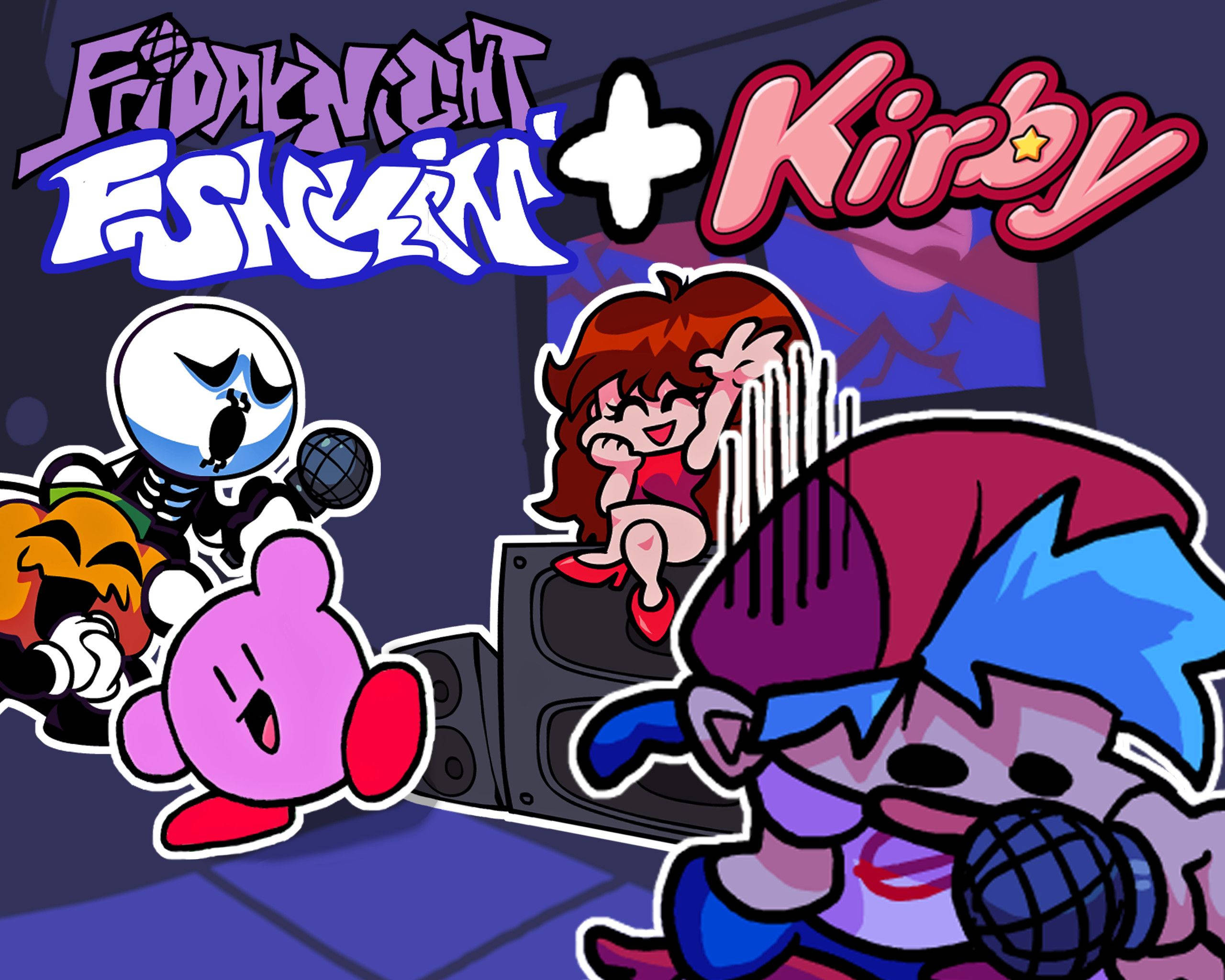 星期五晚上放克 桌布 壁紙 — 來自 Friday Night Funkin' 和 Kirby 的鮮豔卡通角色在舞台上用麥克風和喇叭充滿活力地表演。