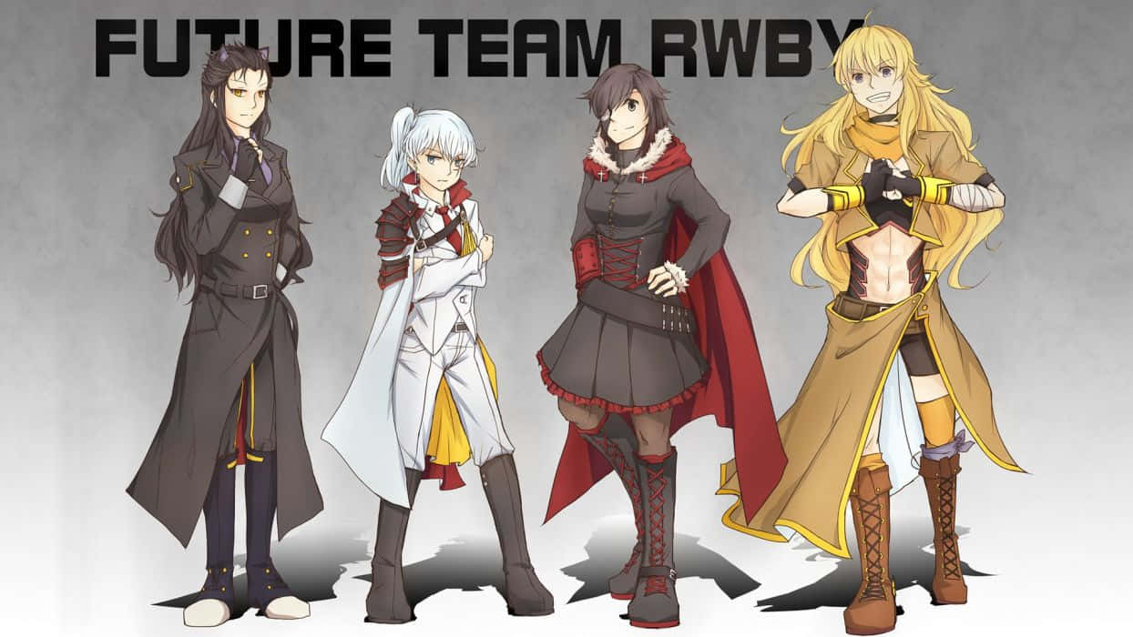Rwby 桌布 壁紙 — 來自 Future Team RWBY 的四個動漫角色自信地站在灰色背景上，上方有粗體文字。