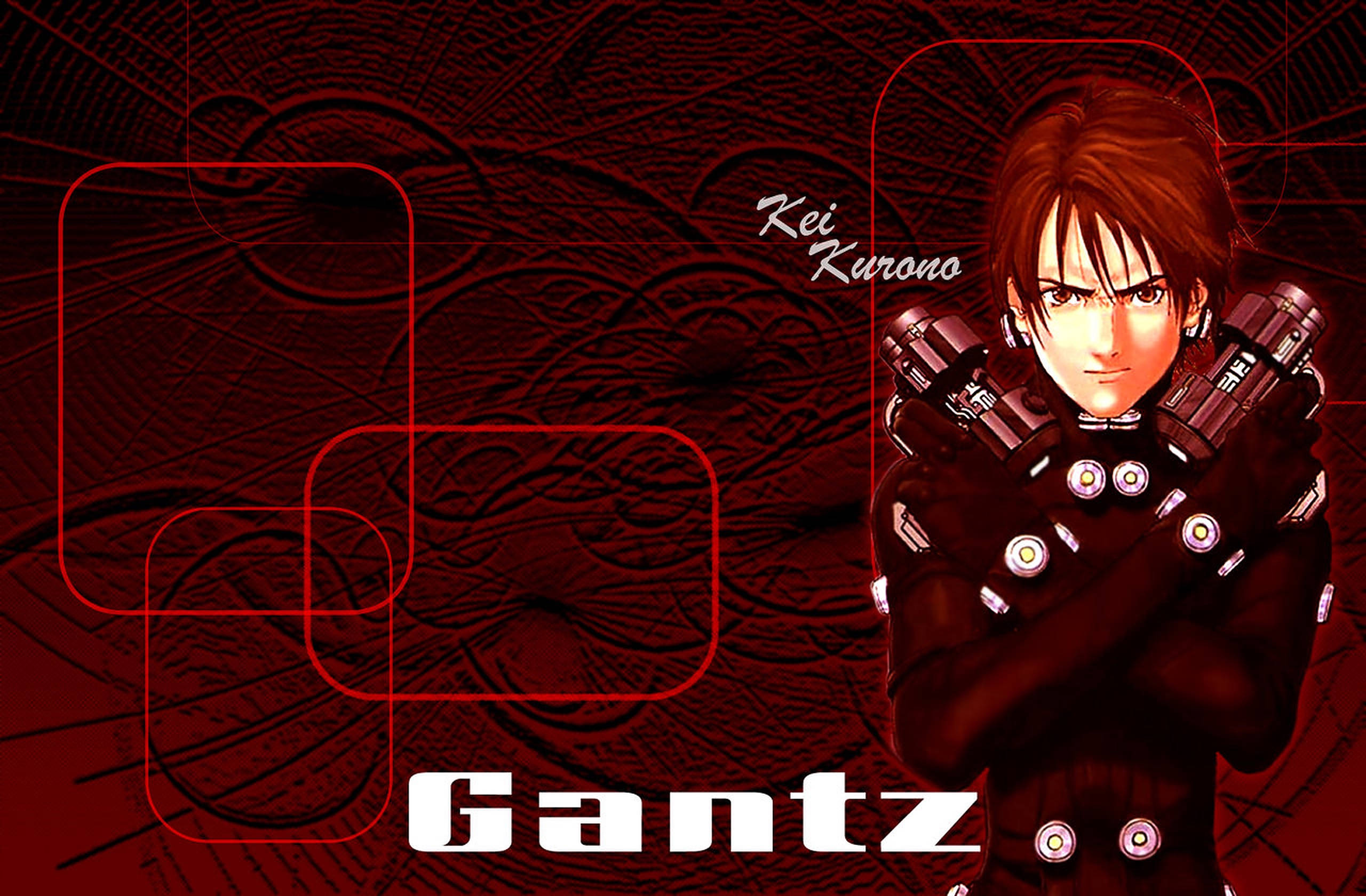gantz 桌布 壁紙 — 來自《GANTZ》的動漫角色玄野計雙手交叉站立，背景為深紅色抽象背景，帶有發光的紅色輪廓。