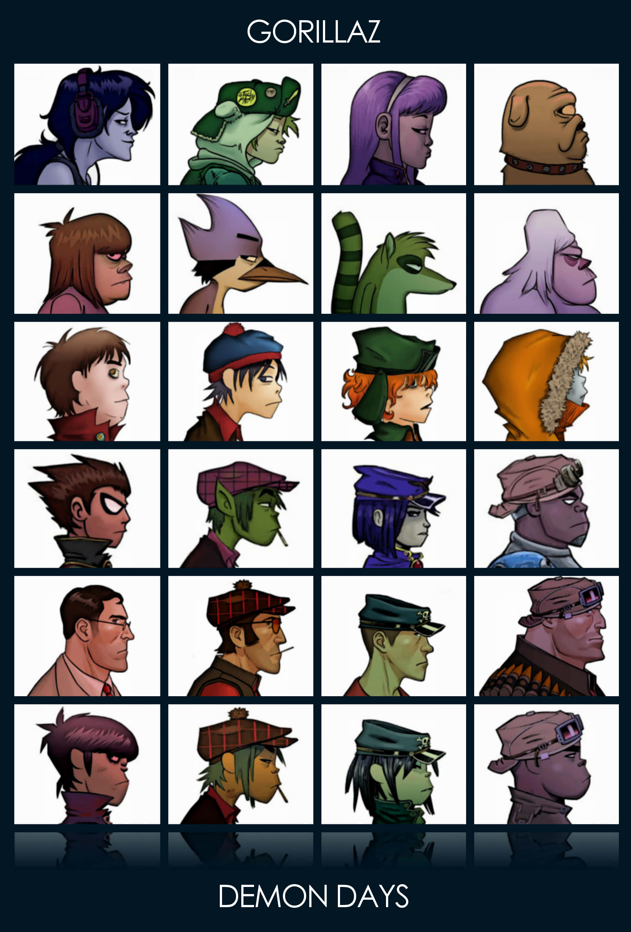 Pixel 3xl Team Fortress 2 桌布 壁紙 — 來自 Gorillaz 專輯 Demon Days 的 16 個風格化卡通人物肖像網格，每個都有獨特的髮色和頭飾。