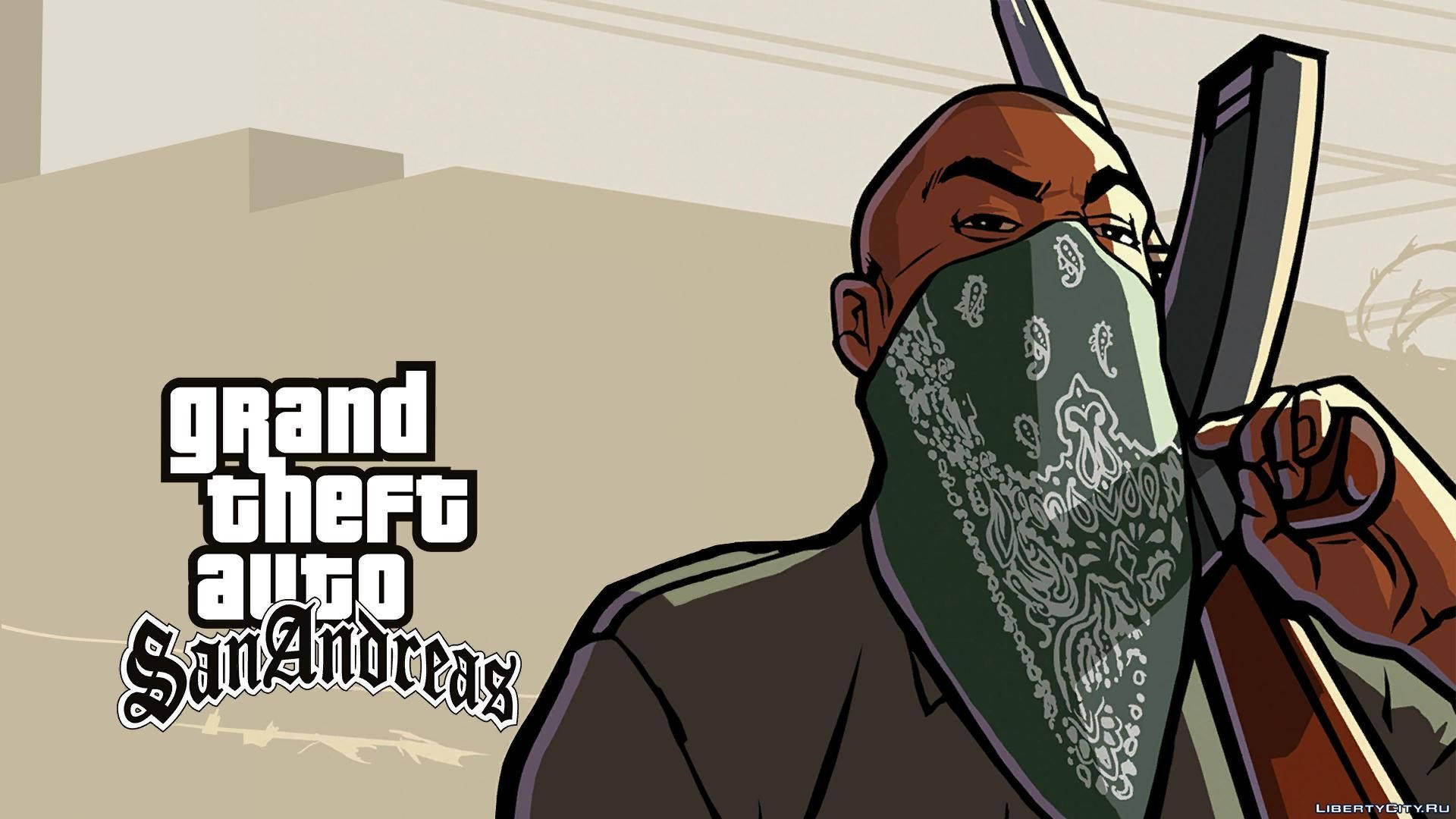 Gta 桌布 壁紙 — 來自《Grand Theft Auto San Andreas》的蒙面角色，在米色城市背景下手持霰彈槍。