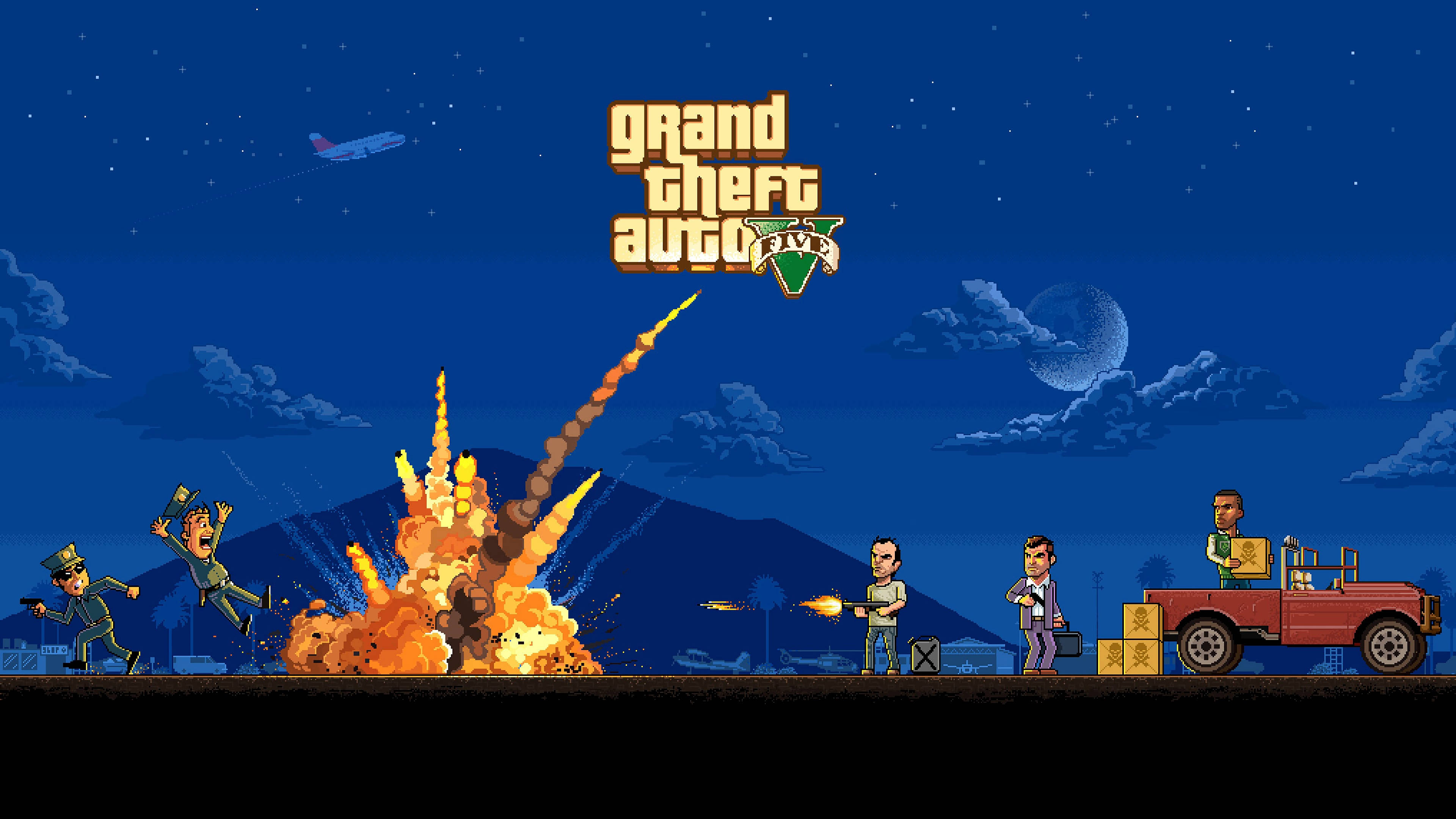 像素藝術 桌布 壁紙 — 來自《Grand Theft Auto V》的像素藝術場景，顯示夜間爆炸，角色開火，附近有一輛紅色汽車。