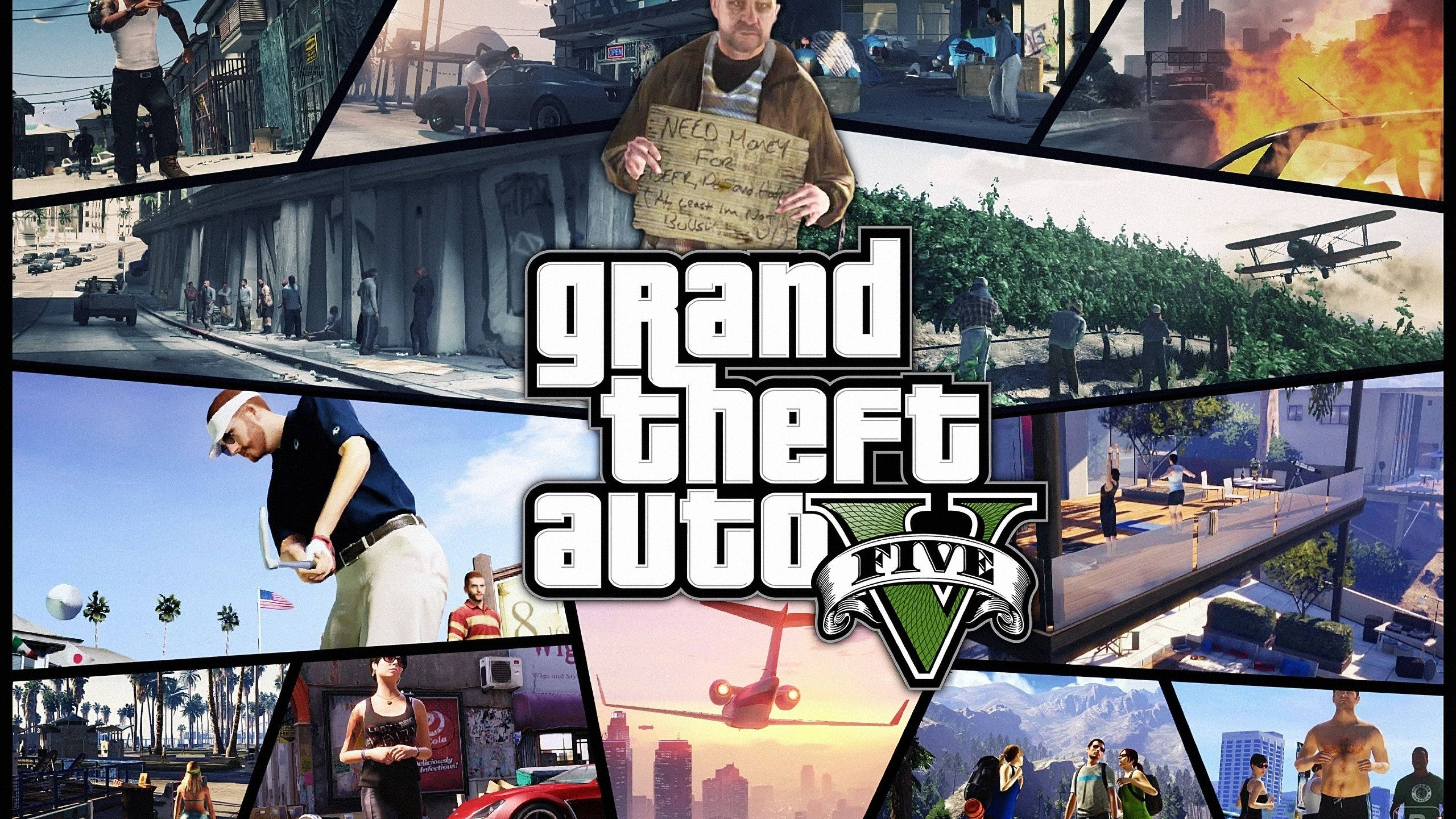 4K gta 5 桌布 壁紙 — 來自 Grand Theft Auto V 的充滿活力的遊戲場景拼貼畫，展示角色在城市環境中，有汽車、飛機和各種活動。