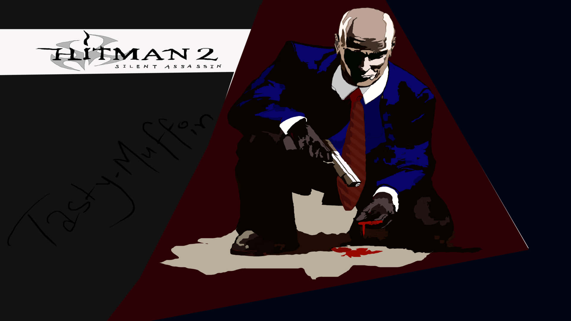 suit 桌布 壁紙 — 來自《Hitman 2》的特工47蹲伏持槍並帶有血跡的風格化插圖，背景為深色。