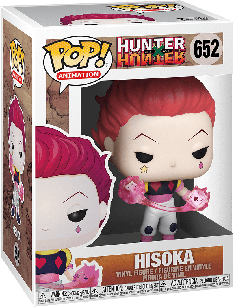 獵人 x 獵人 桌布 壁紙 — 來自《Hunter x Hunter》的 Funko Pop! 希索加（Hisoka）人偶，手持粉紅色能量球，裝在盒裝包裝中。