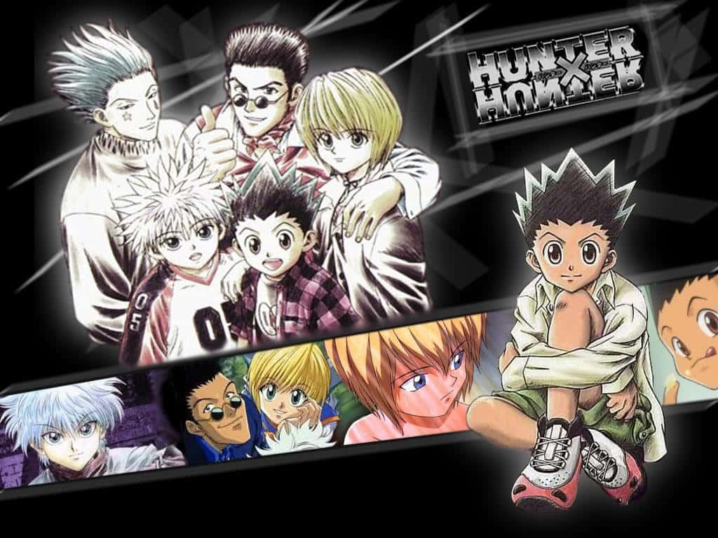 Shonen Anime 桌布 壁紙 — 來自《Hunter x Hunter》的動態動漫角色在黑暗幾何背景上以發光條紋英勇地擺出姿勢。